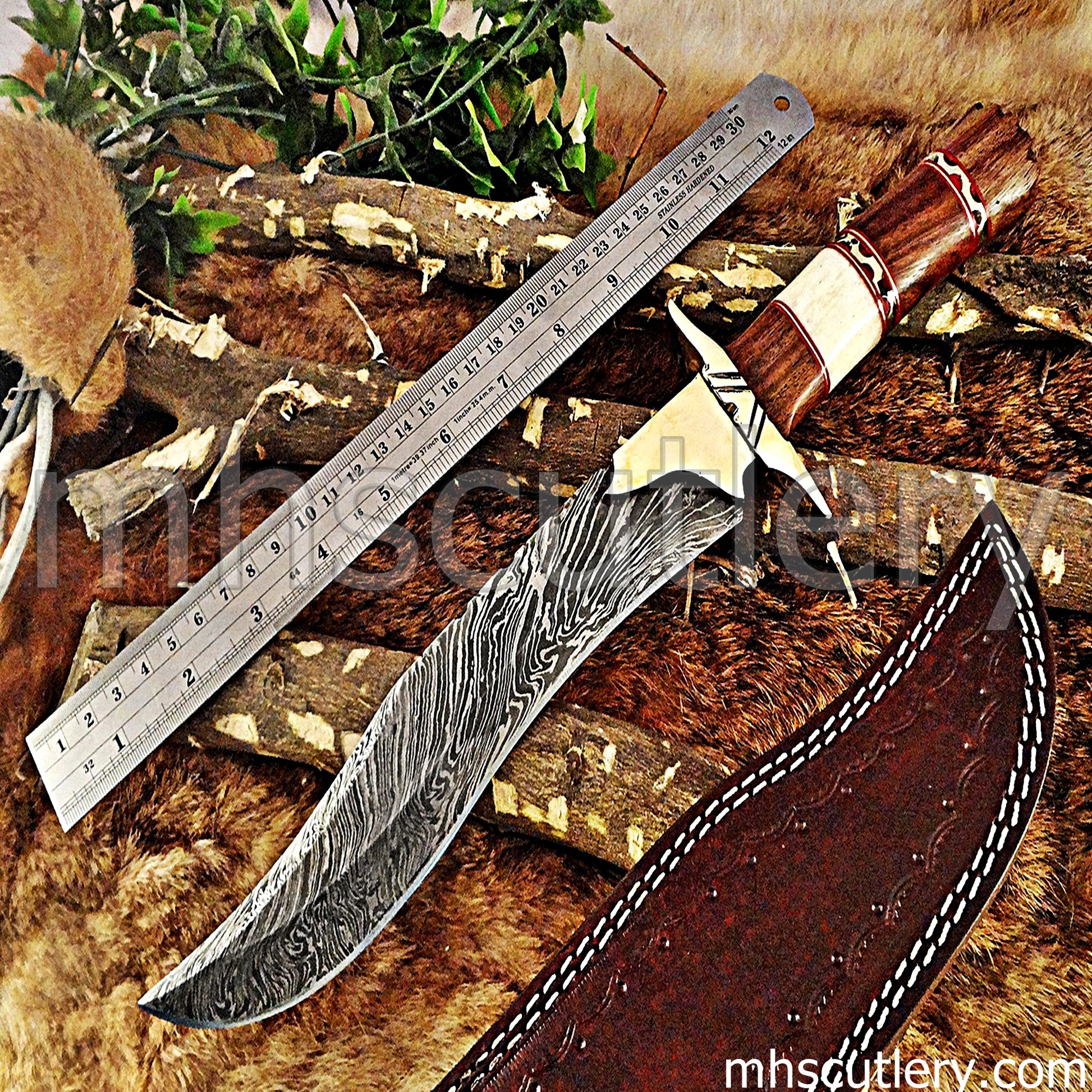 Custom Made Damascus Steel Hunter Bowie Knife With Brass Clip | mhscutlery