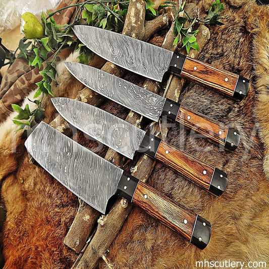 Custom Hand Forged Damascus Steel Kitchen Knife Set / 4 Pcs | mhscutlery