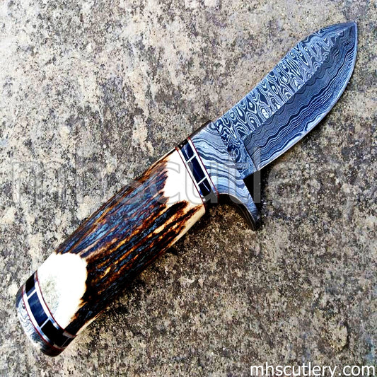 Custom Handmade Raindrop Damascus Steel Antler Hunting Knife | mhscutlery