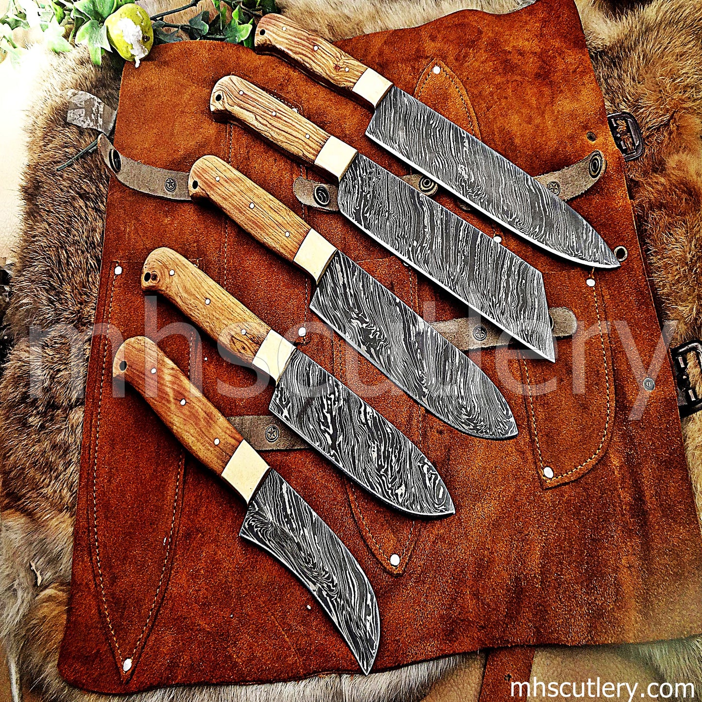 Custom Handmade Damascus Steel Chef Set / Koa Handle | mhscutlery
