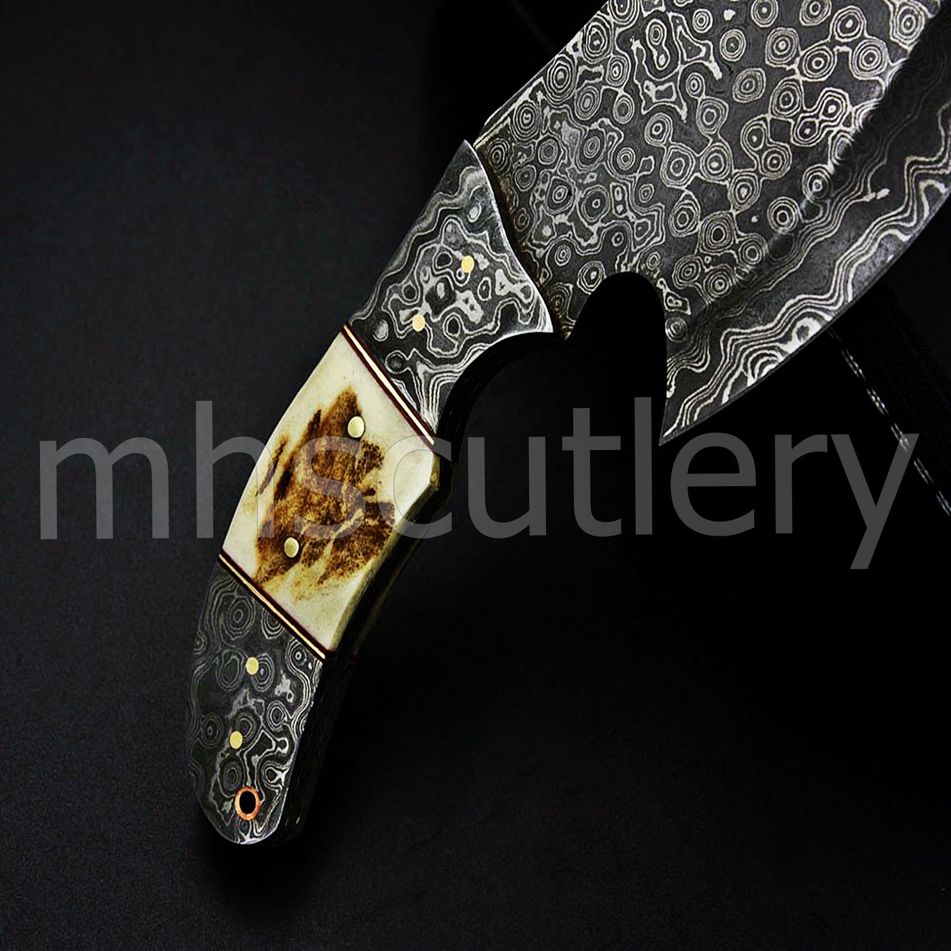 Handmade Skinner Raindrop Damascus Steel Gut hook Knife With Antler Handle | mhscutlery