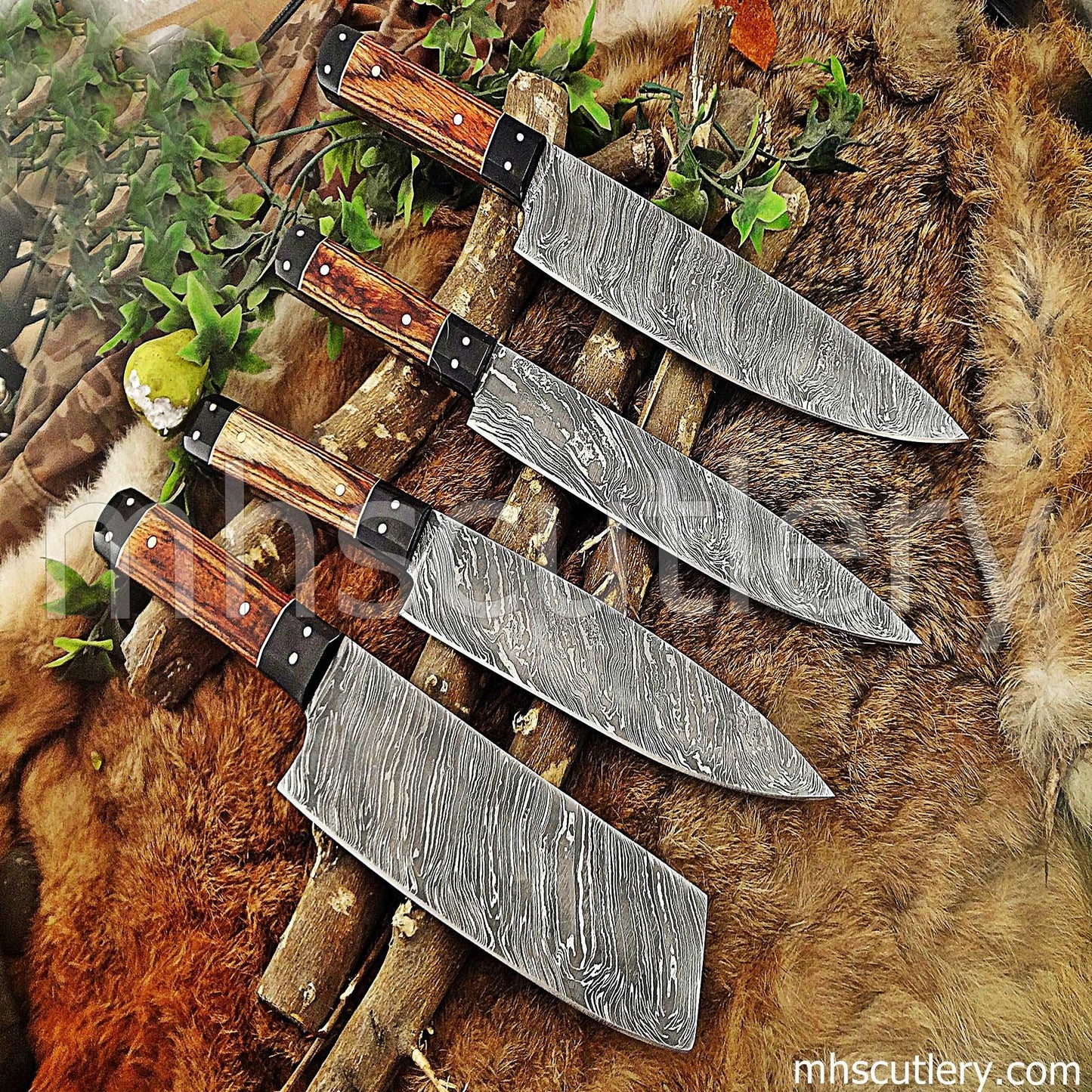 Custom Hand Forged Damascus Steel Kitchen Knife Set / 4 Pcs | mhscutlery