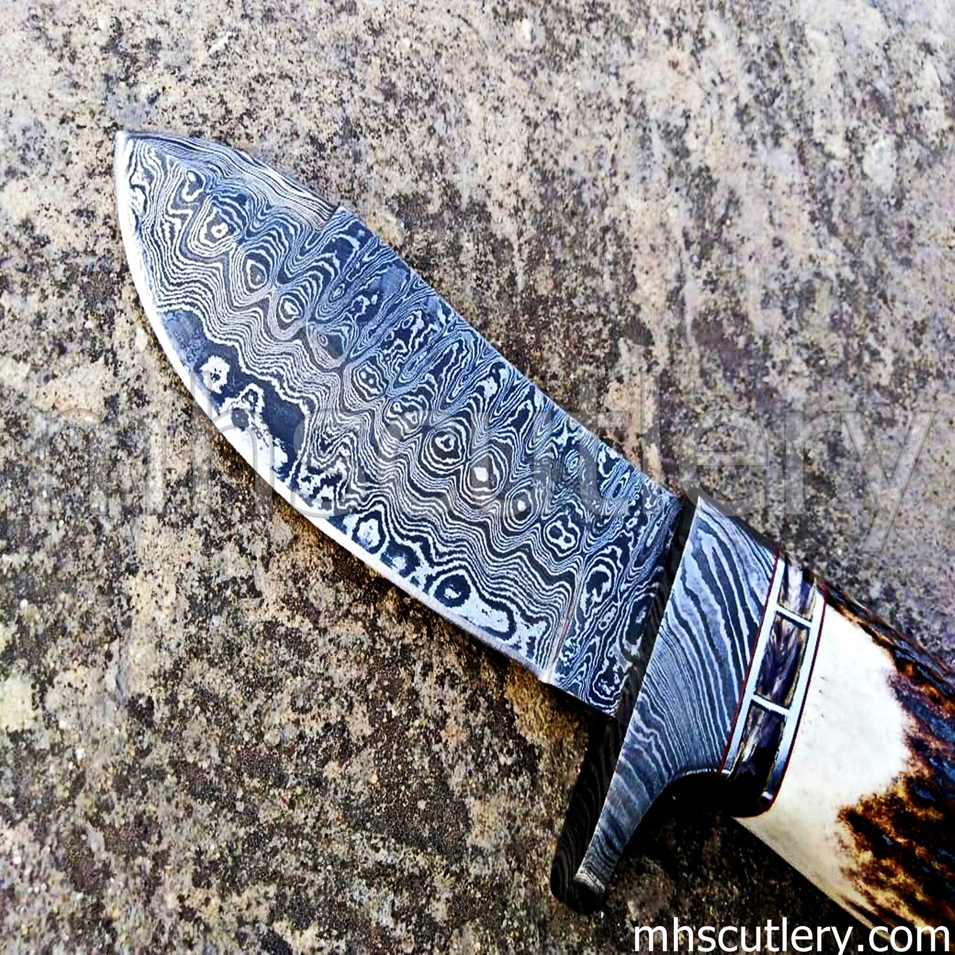 Custom Handmade Raindrop Damascus Steel Antler Hunting Knife | mhscutlery