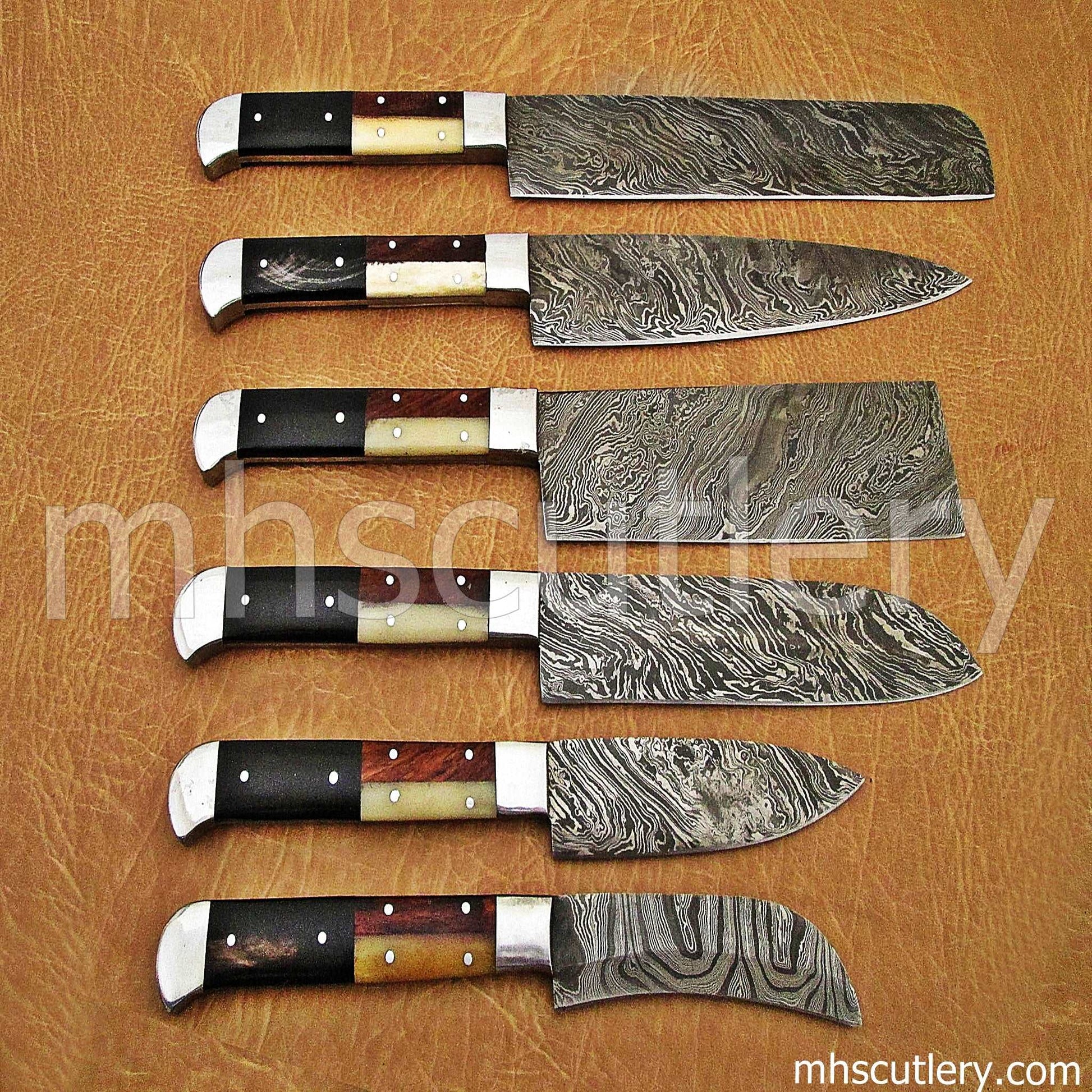 Custom Hand Forged Damascus Steel Kitchen Set / 6 Pcs | mhscutlery