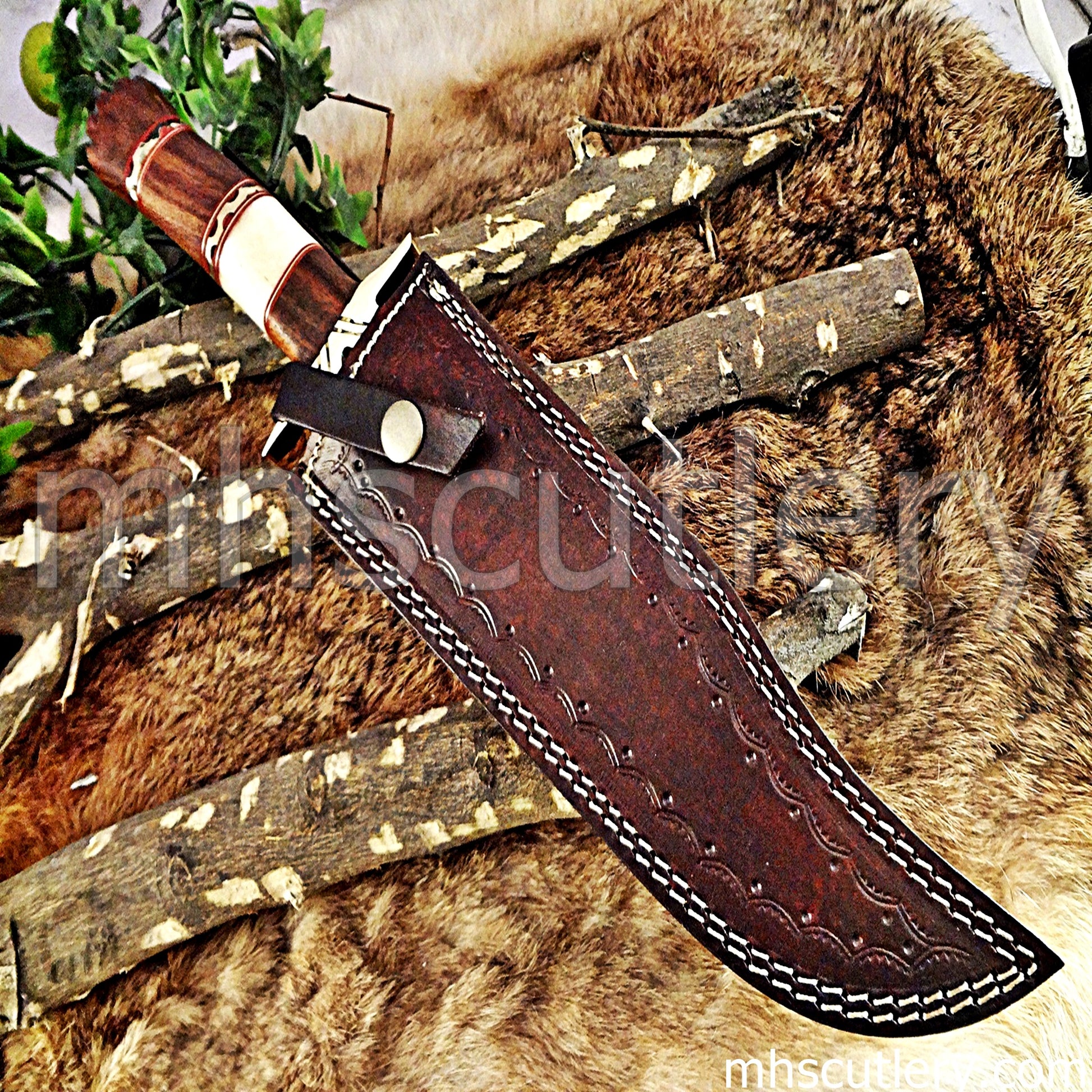 Custom Made Damascus Steel Hunter Bowie Knife With Brass Clip | mhscutlery