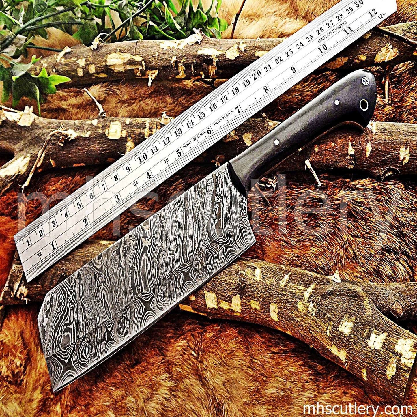 Custom Hand Forged Damascus Steel Meat Cleaver | mhscutlery