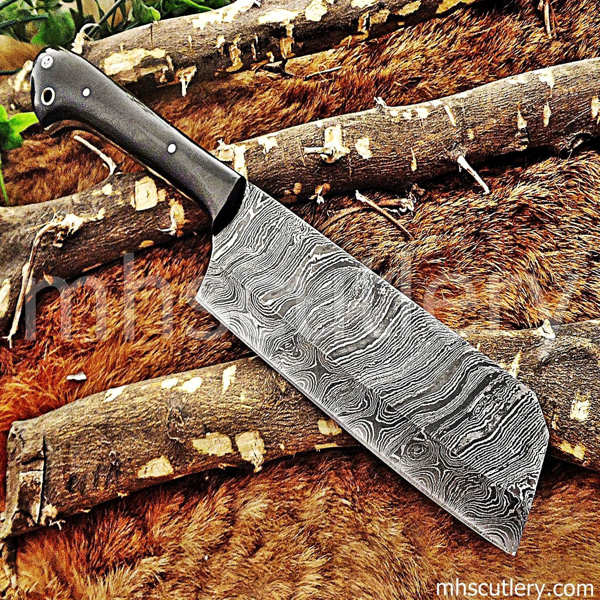 Custom Hand Forged Damascus Steel Meat Cleaver | mhscutlery