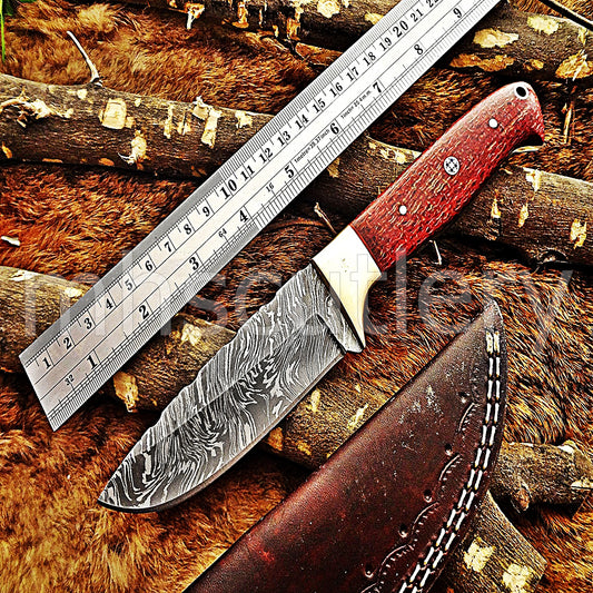 Handmade Damascus Steel Hunting Skinner Knife / Red Micarta | mhscutlery