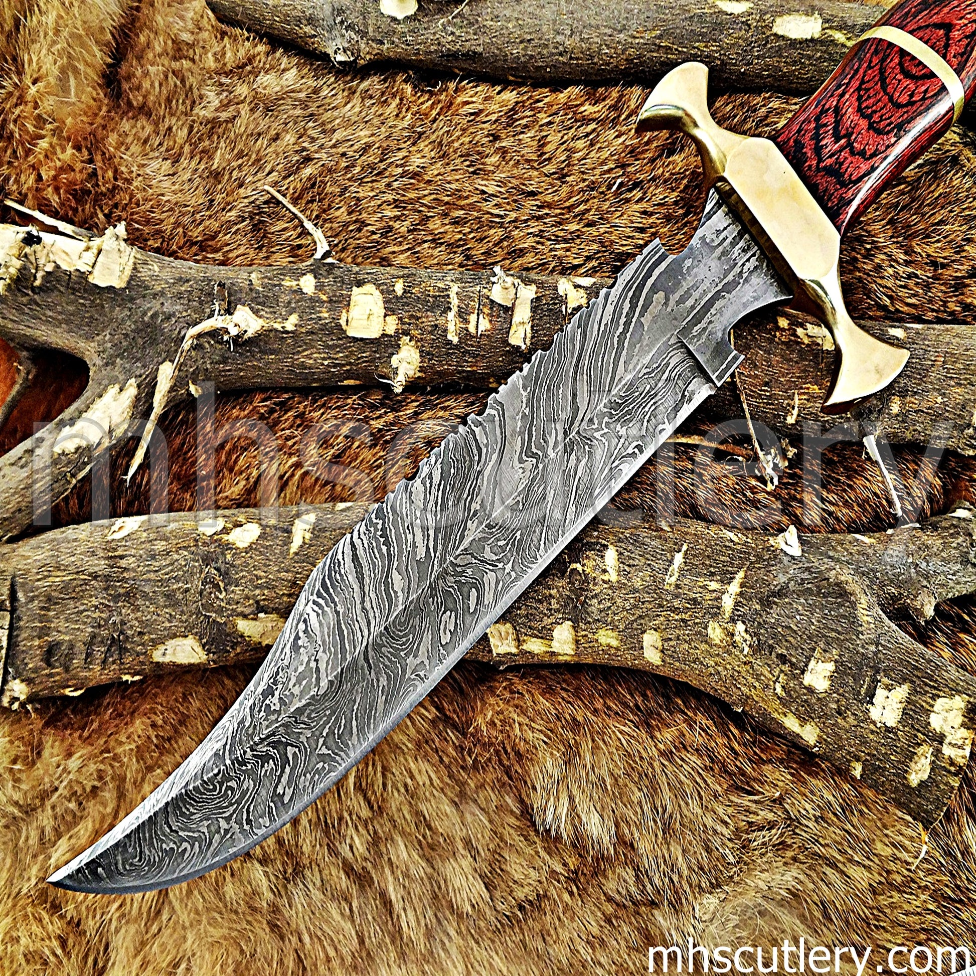 Damascus Steel Bowie Knife / Red Handle | mhscutlery