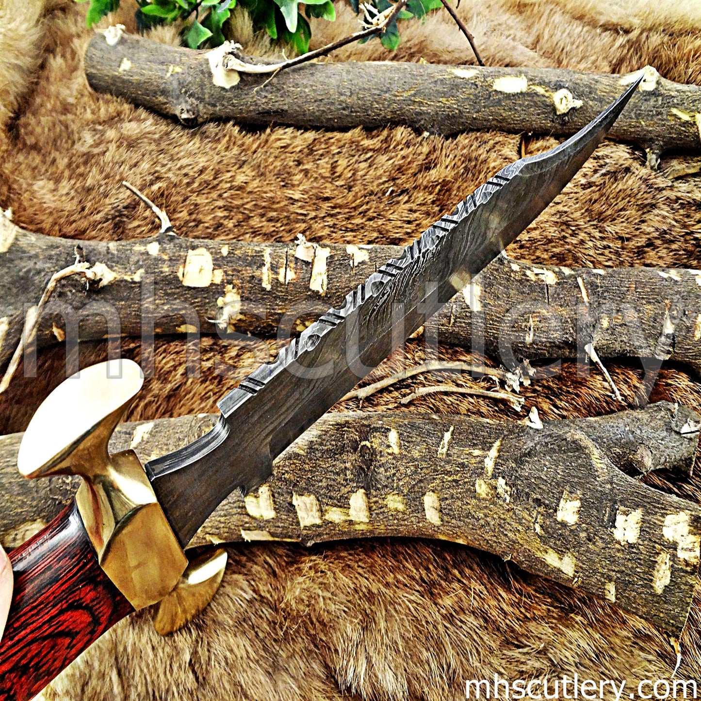 Damascus Steel Bowie Knife / Red Handle | mhscutlery