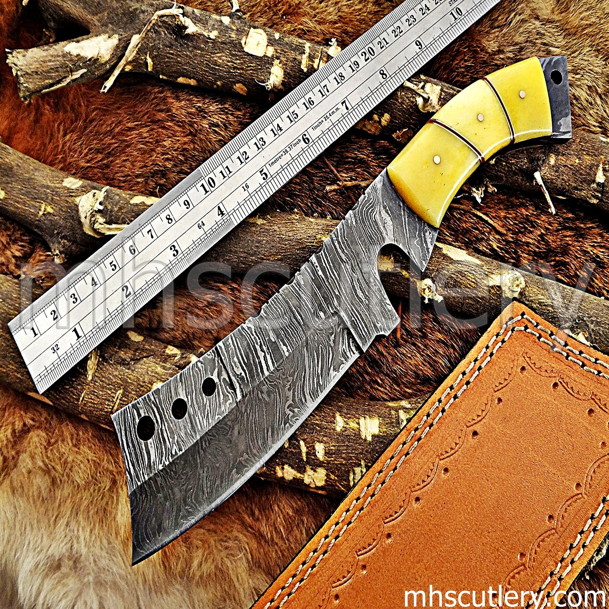 Damascus Steel Hunter Tanto Machete Knife / Bone Handle | mhscutlery