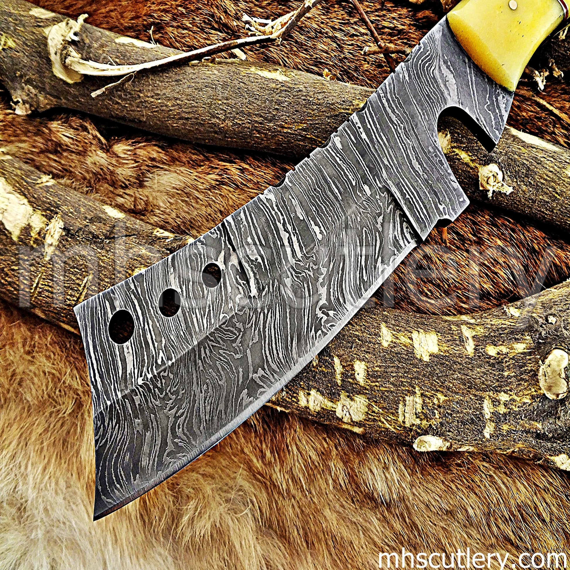 Damascus Steel Hunter Tanto Machete Knife / Bone Handle | mhscutlery