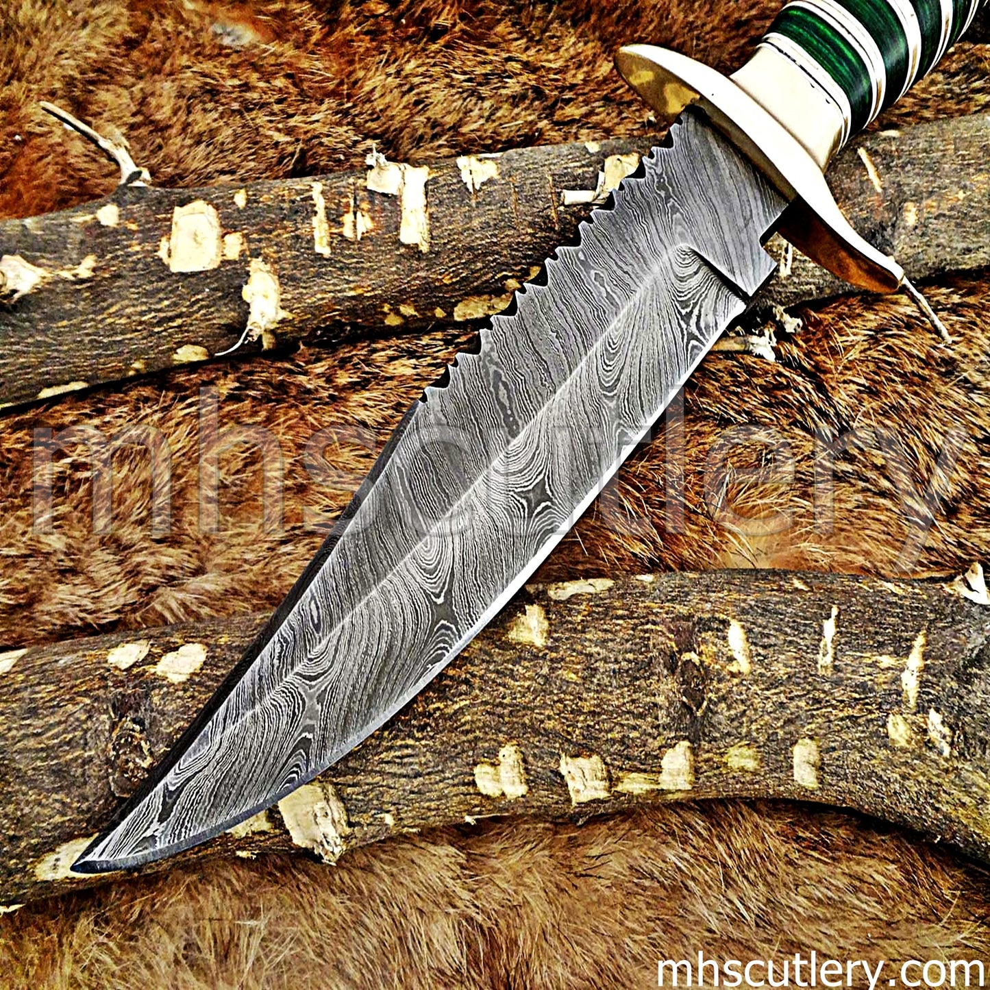 Custom Made Damascus Steel Hunter Bowie Knife | mhscutlery