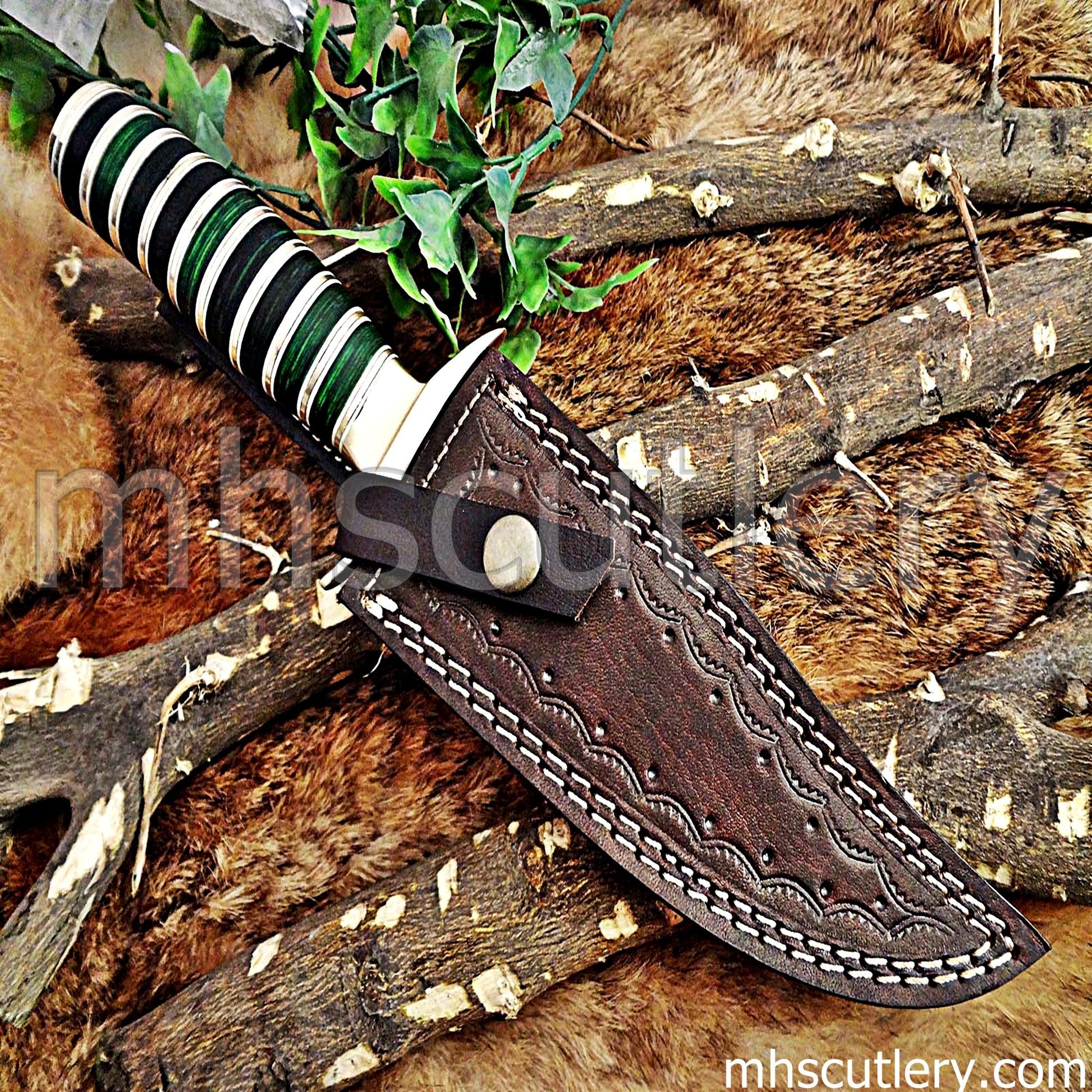 Custom Made Damascus Steel Hunter Bowie Knife | mhscutlery