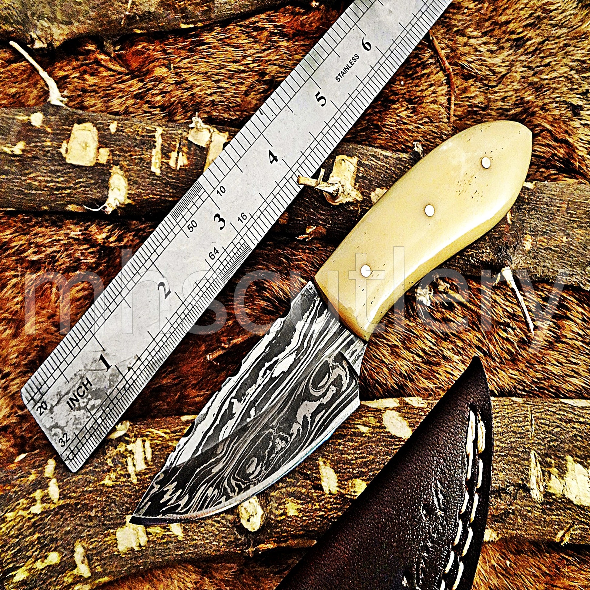 Damascus Steel Mini Fixed Blade Skinner / Bone Handle | mhscutlery