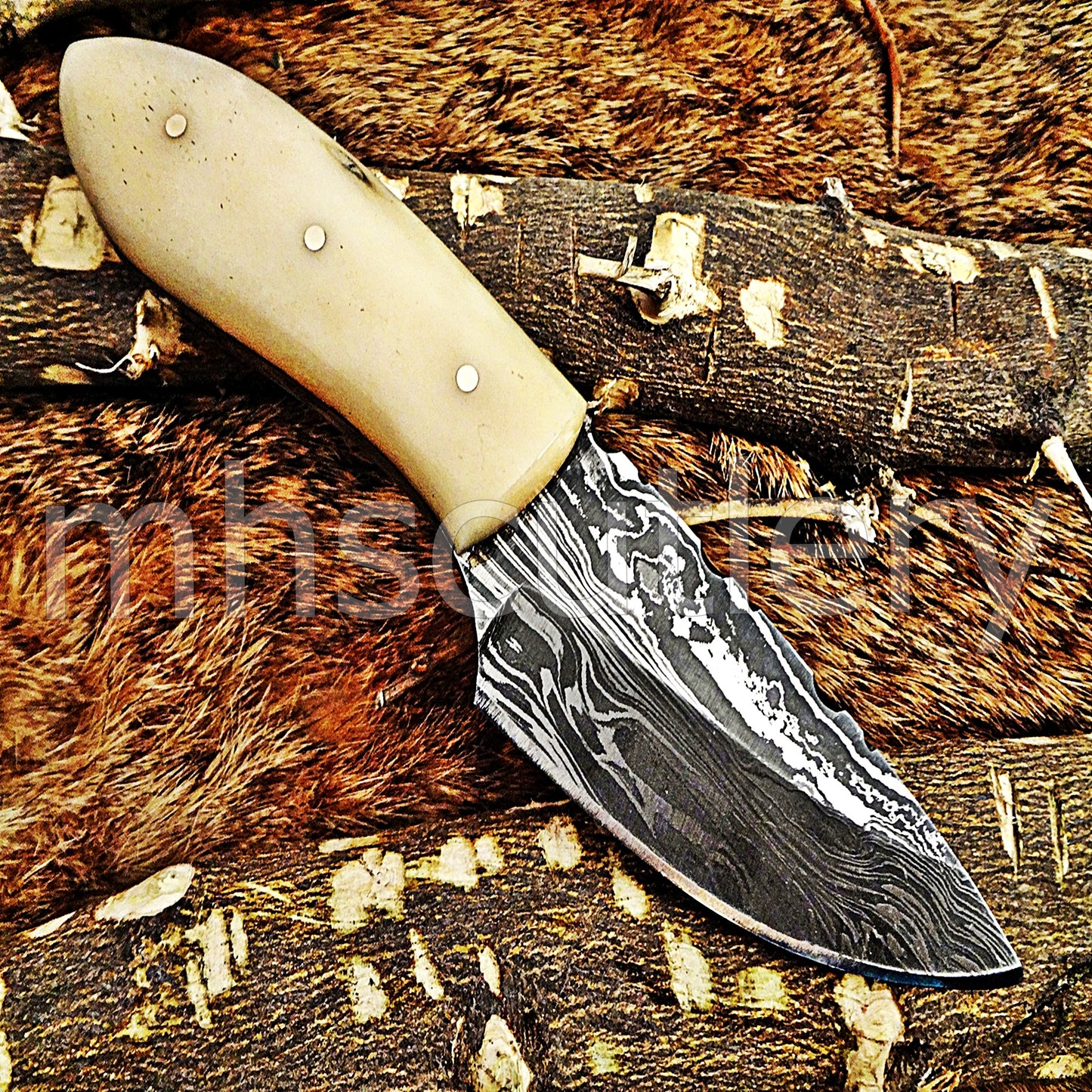 Damascus Steel Mini Fixed Blade Skinner / Bone Handle | mhscutlery