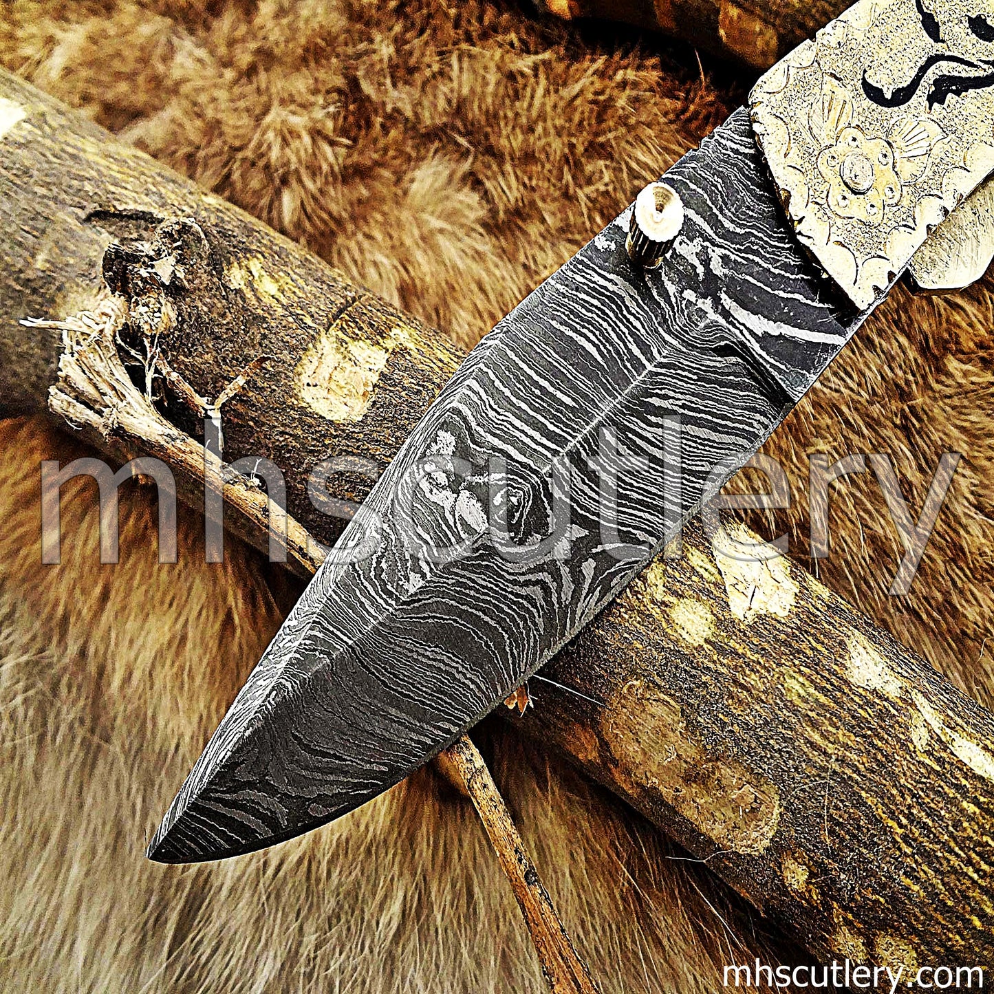 Hand Engraved Damascus Steel Pocket Knife / Engraved Brass | mhscutlery
