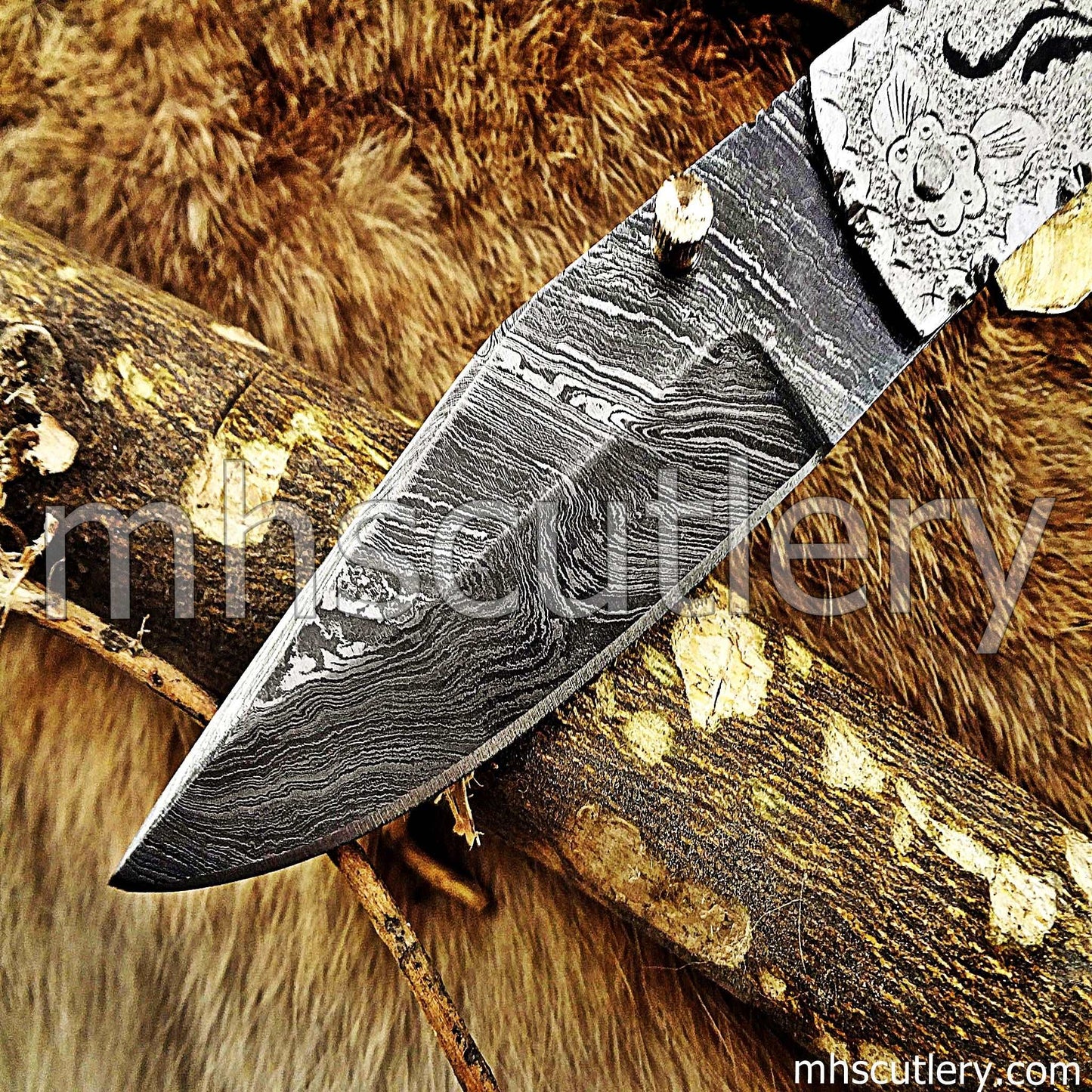 Custom Hand Engraved Damascus Steel Folder Knife / Silver Handle | mhscutlery