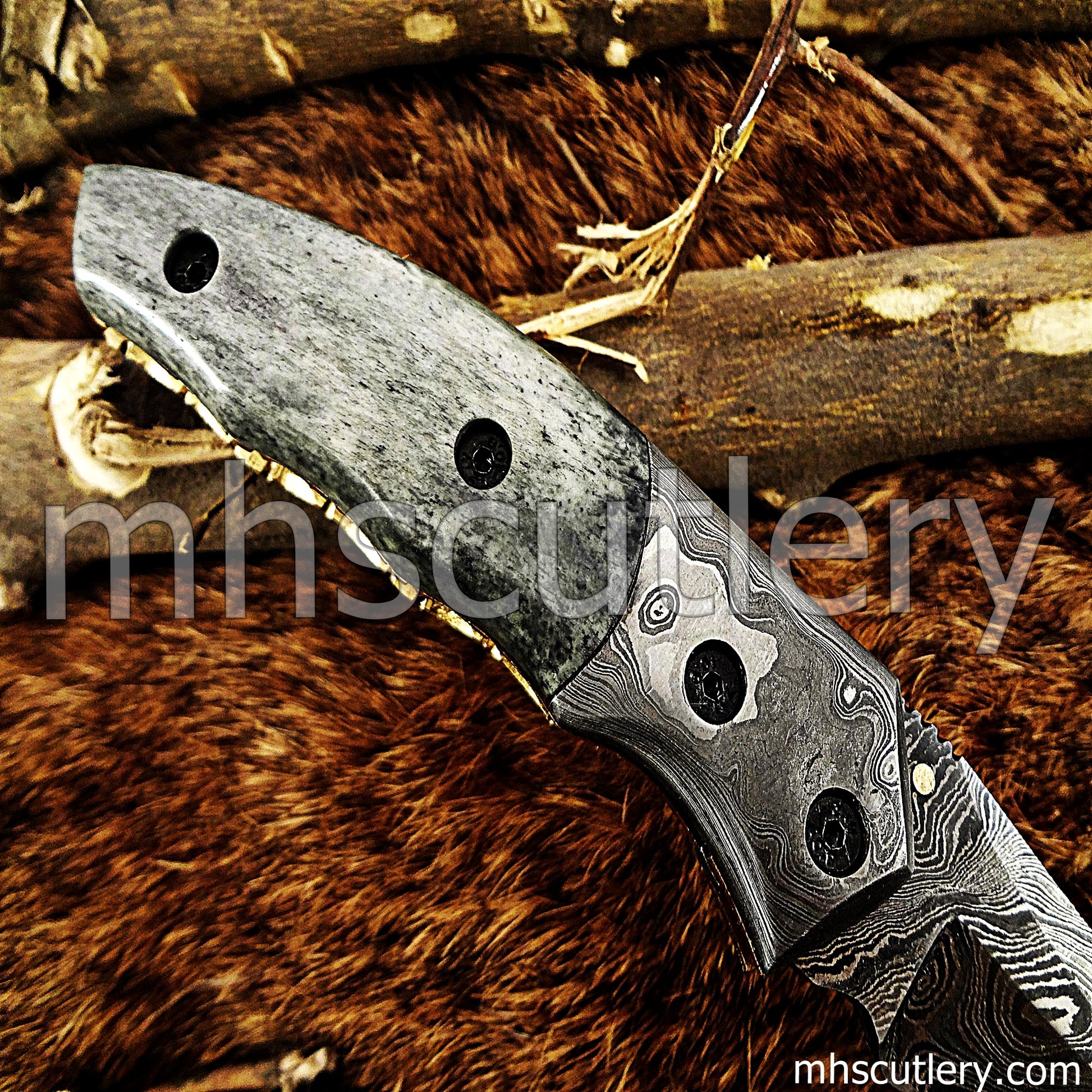 Damascus Steel Folding Knife / Bone Handle | mhscutlery
