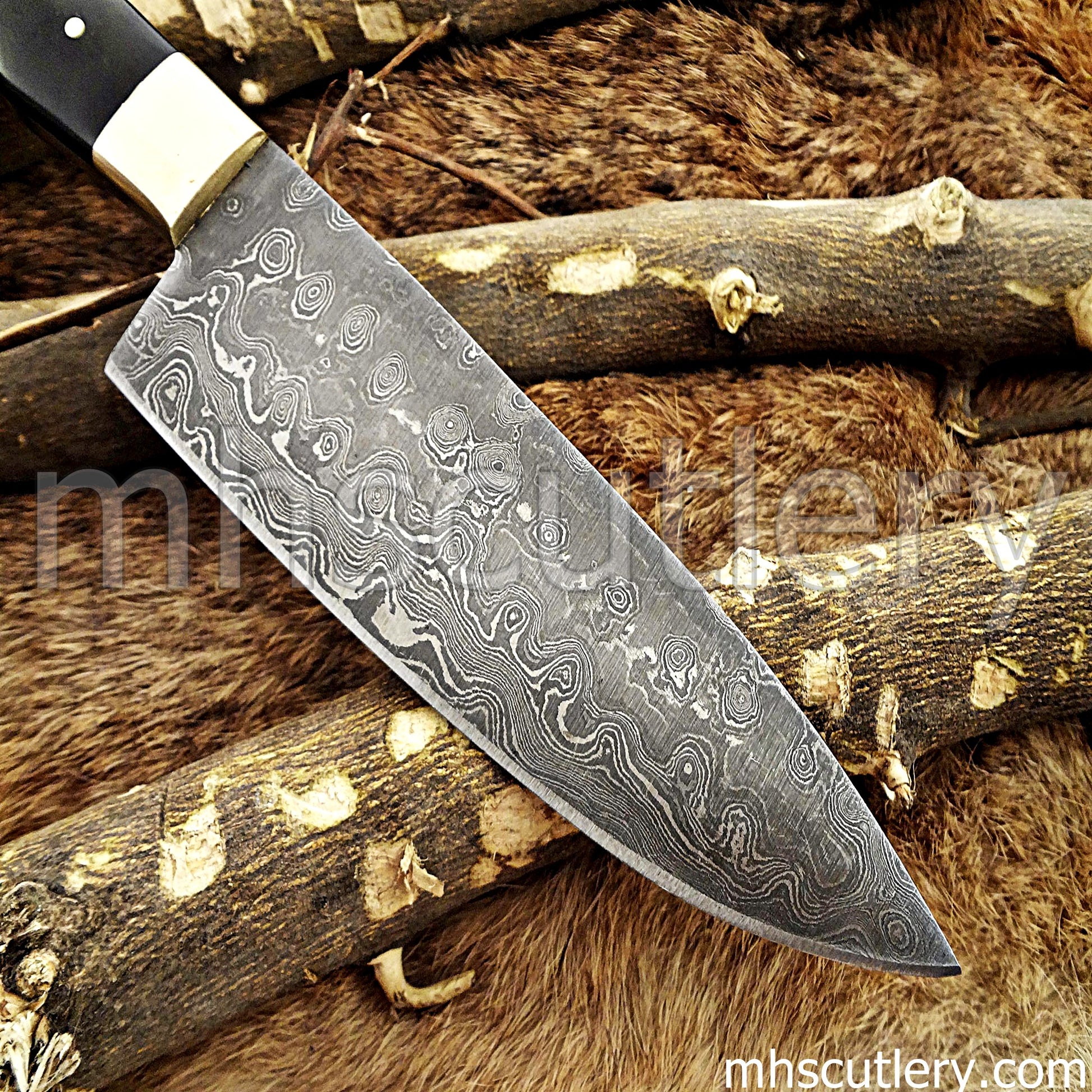 Damascus Steel Kitchen Knife / Bull Horn Handle | mhscutlery