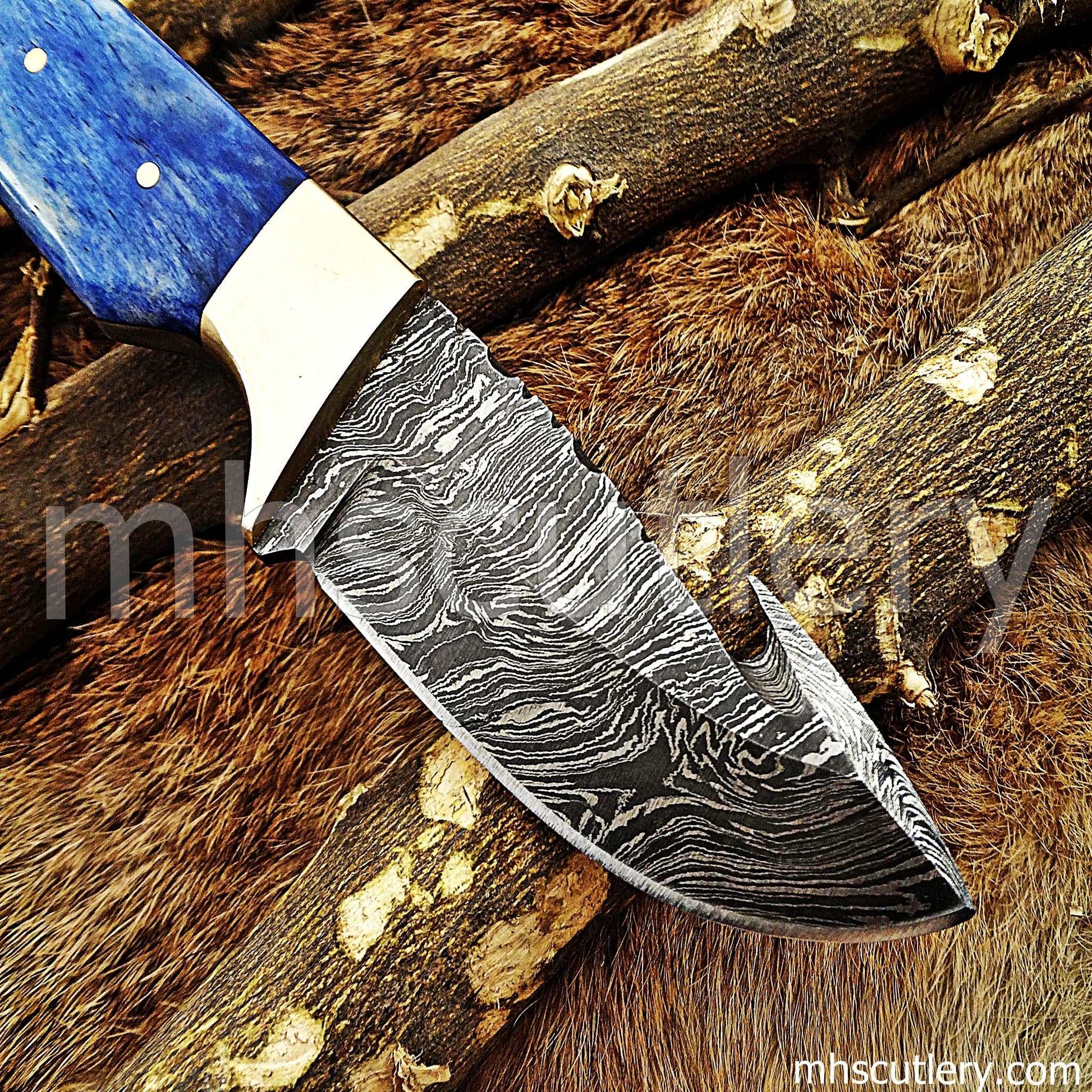 Custom Hand Forged Damascus Steel Gut Hook Hunter | mhscutlery