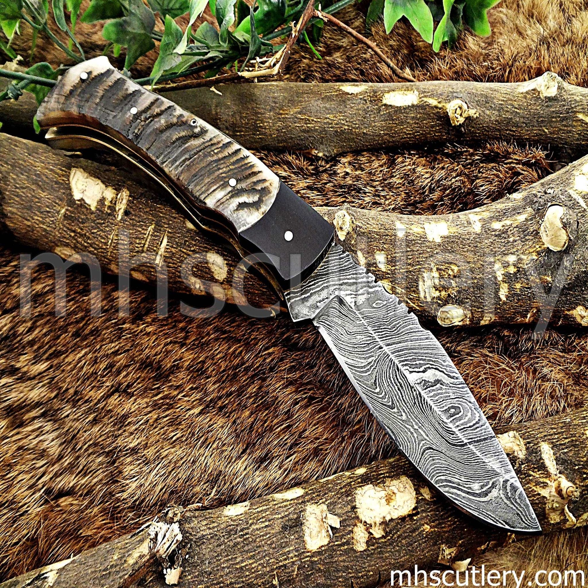 Custom Forged Damascus Steel Tactical Pocket EDC Knife / Ram Horn Handle | mhscutlery