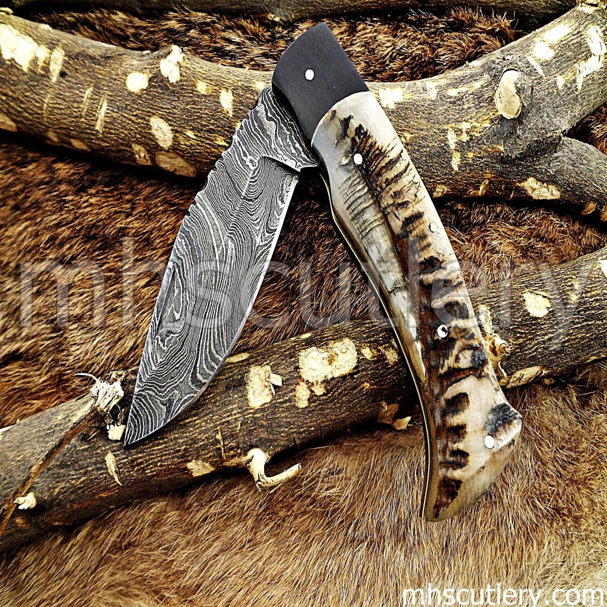 Custom Forged Damascus Steel Tactical Pocket EDC Knife / Ram Horn Handle | mhscutlery