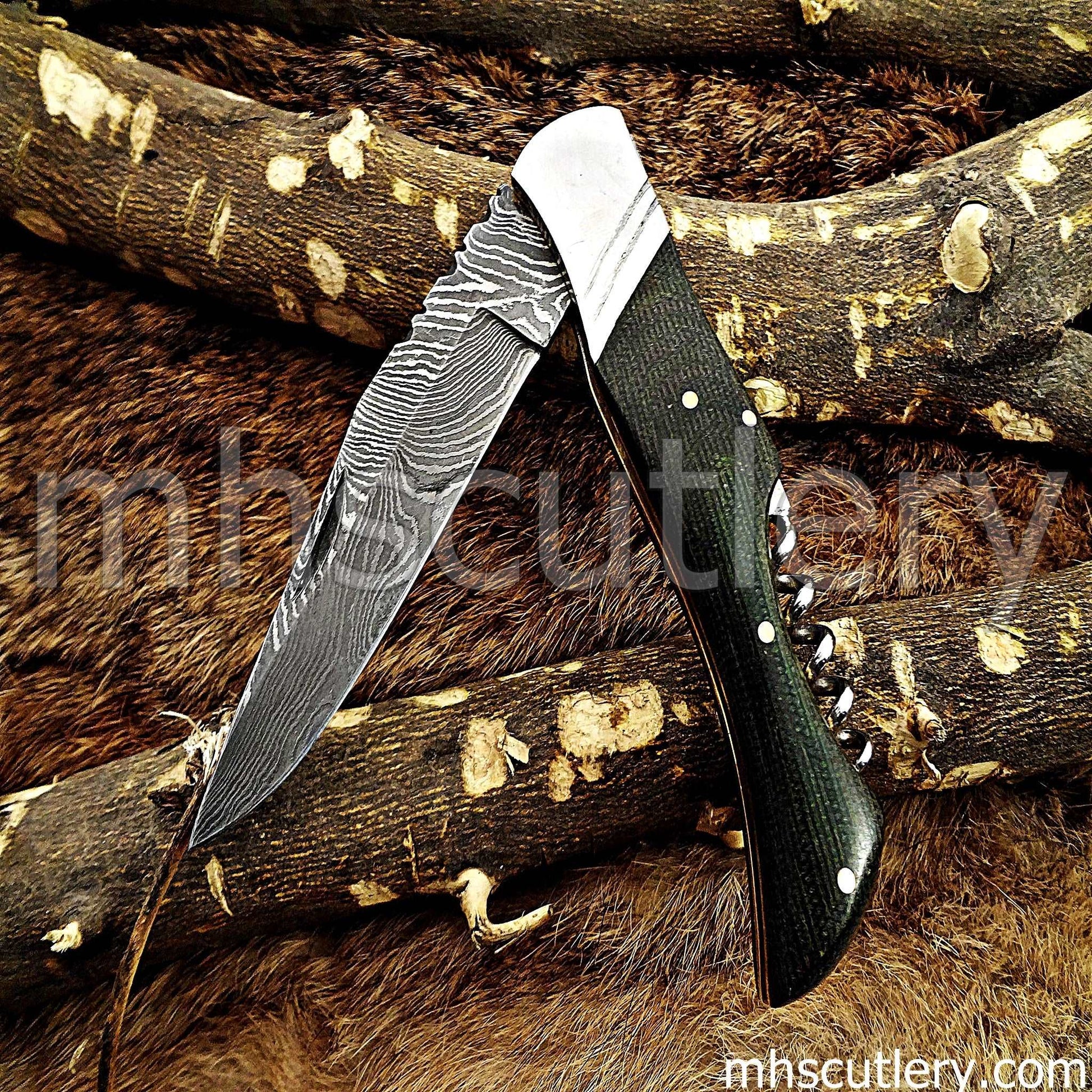 Custom Hand Forged Damascus Steel French Corkscrew Folding Pocket Knife | mhscutlery
