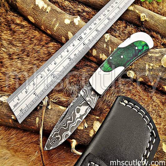 Damascus Steel Mini EDC Folding Knife | mhscutlery