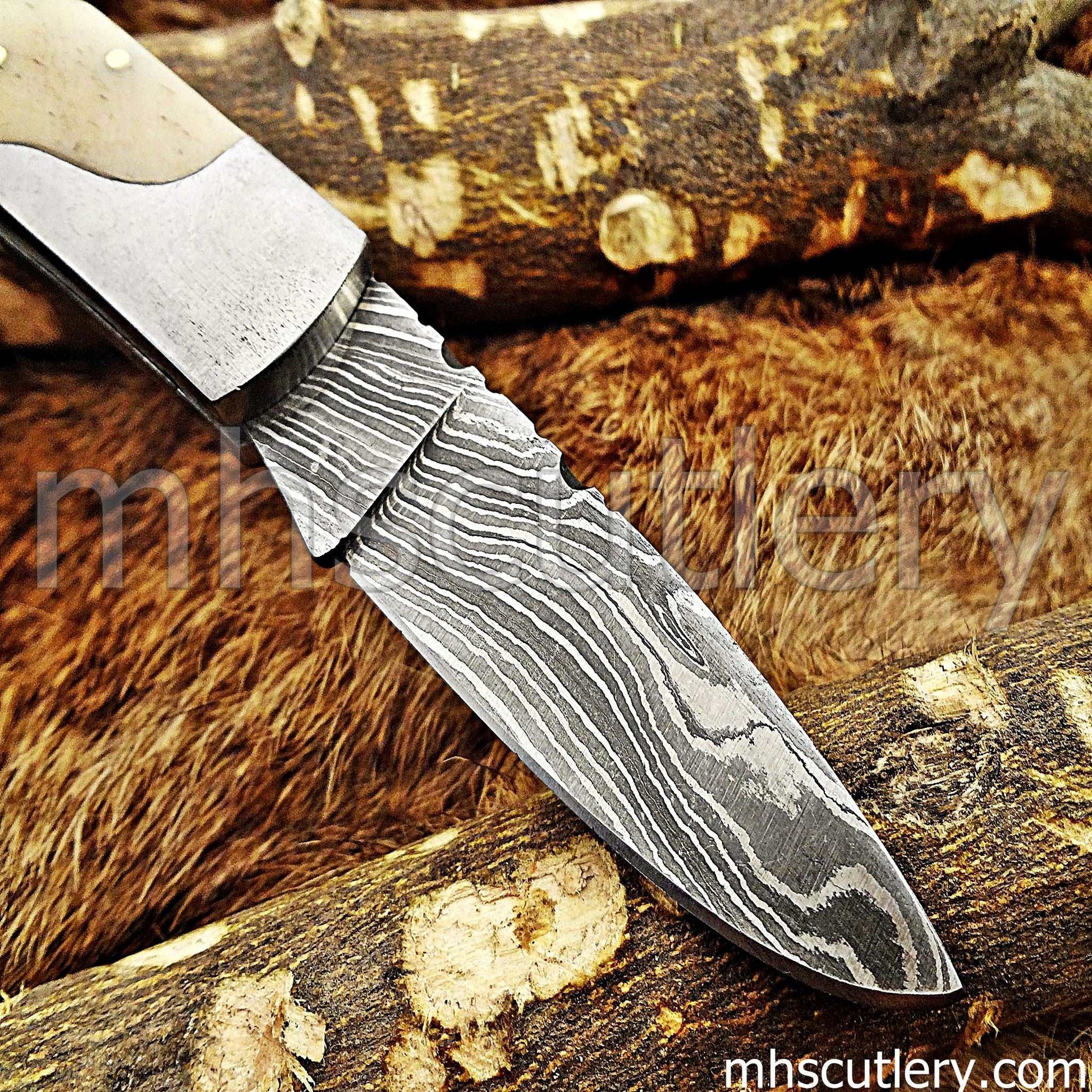 Custom Hand Forged Damascus Steel Mini Folding Pocket Knife | mhscutlery