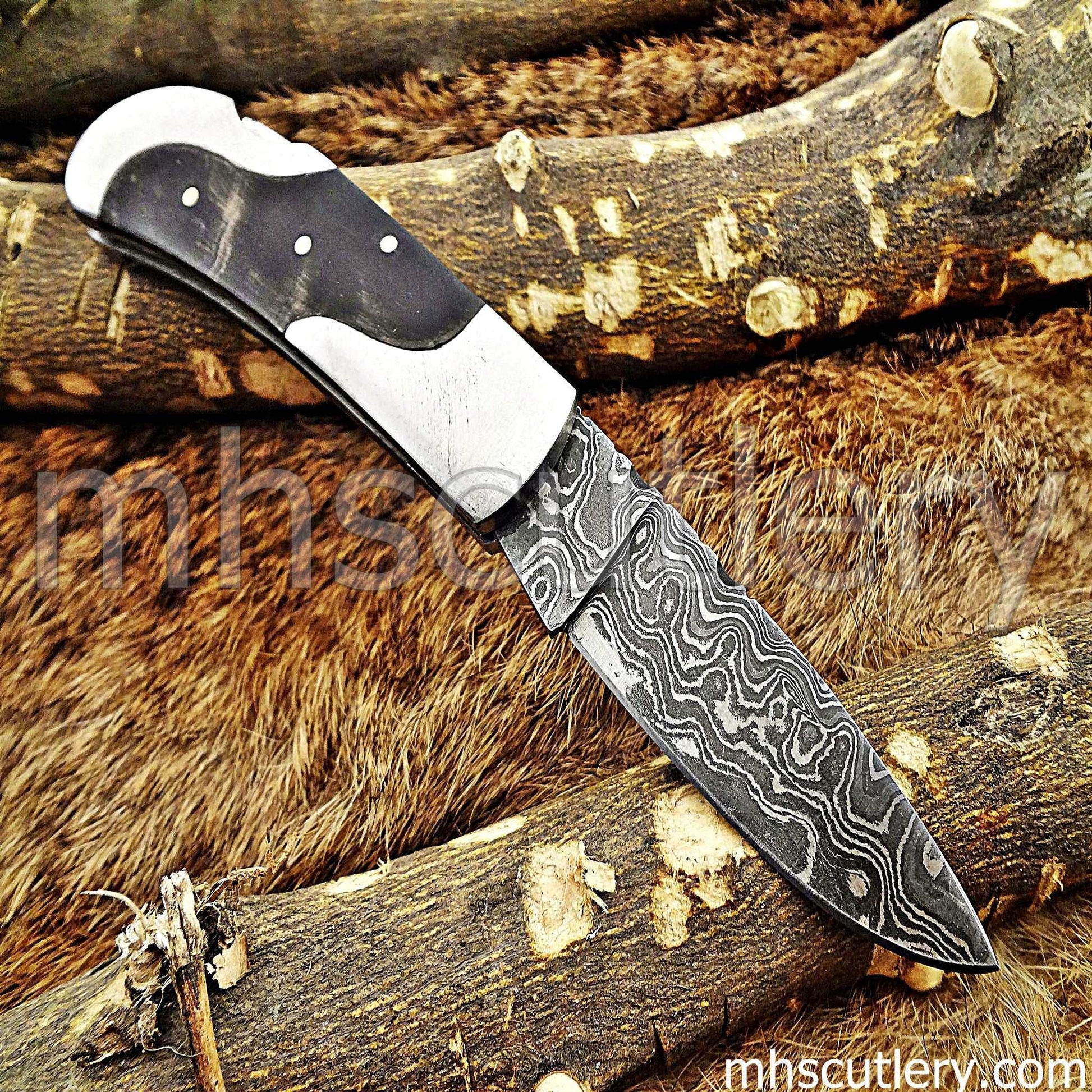 Custom Hand Forged Damascus Steel Pocket EDC Knife | mhscutlery