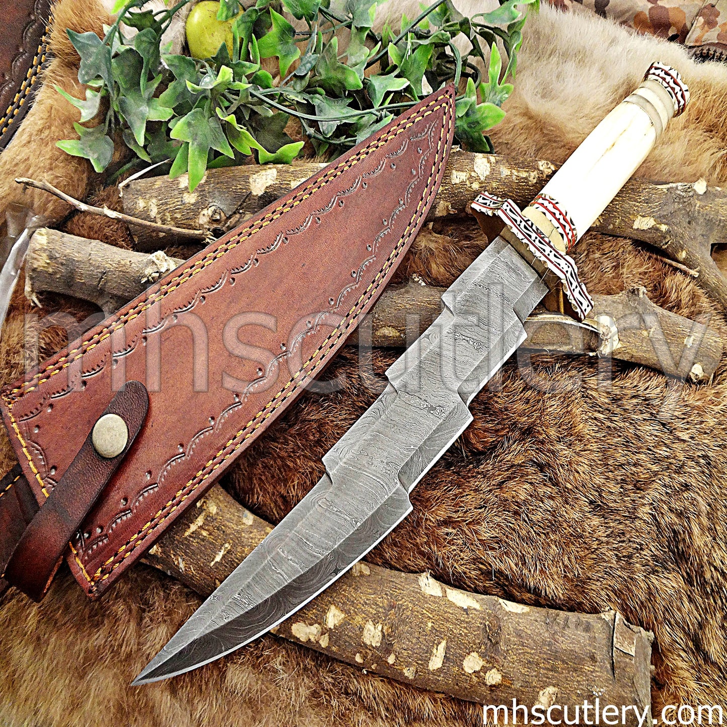 Damascus Steel Fancy Zigzag Hunter's Knife / Bone Handle | mhscutlery