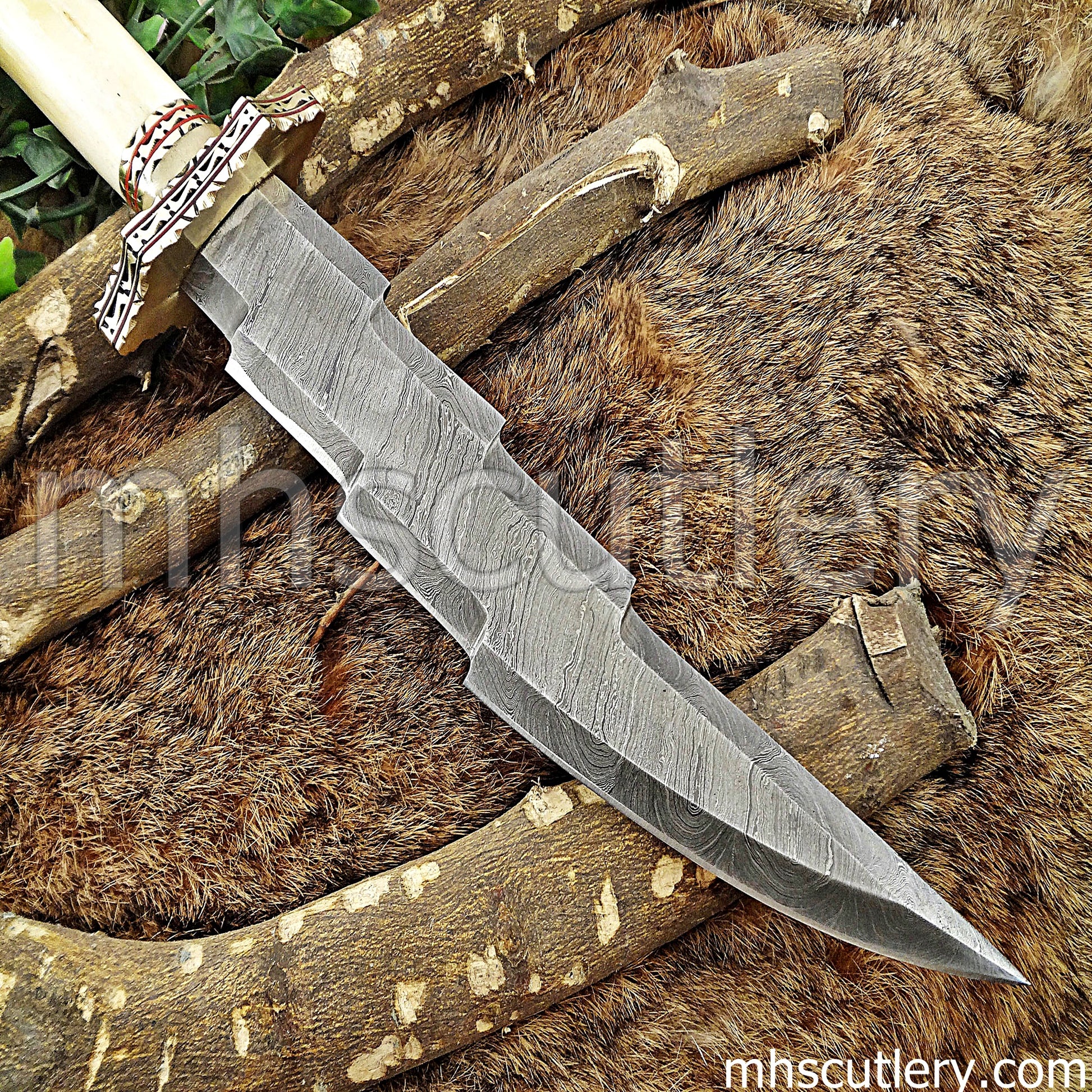 Damascus Steel Fancy Zigzag Hunter's Knife / Bone Handle | mhscutlery