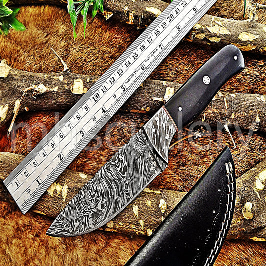 Handmade Damascus Steel Fancy Hunting Skinner Knife / Bull Horn Handle | mhscutlery