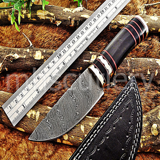 Damascus Steel Rat Tail Skinning Knife / Bull Horn Handle | mhscutlery