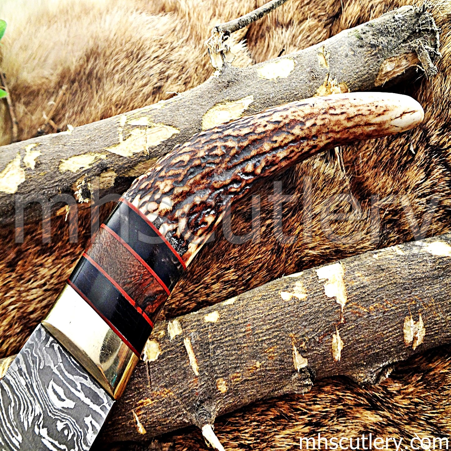 Handmade Damascus Steel Hunting Kukri Knife With Antler Handle | mhscutlery
