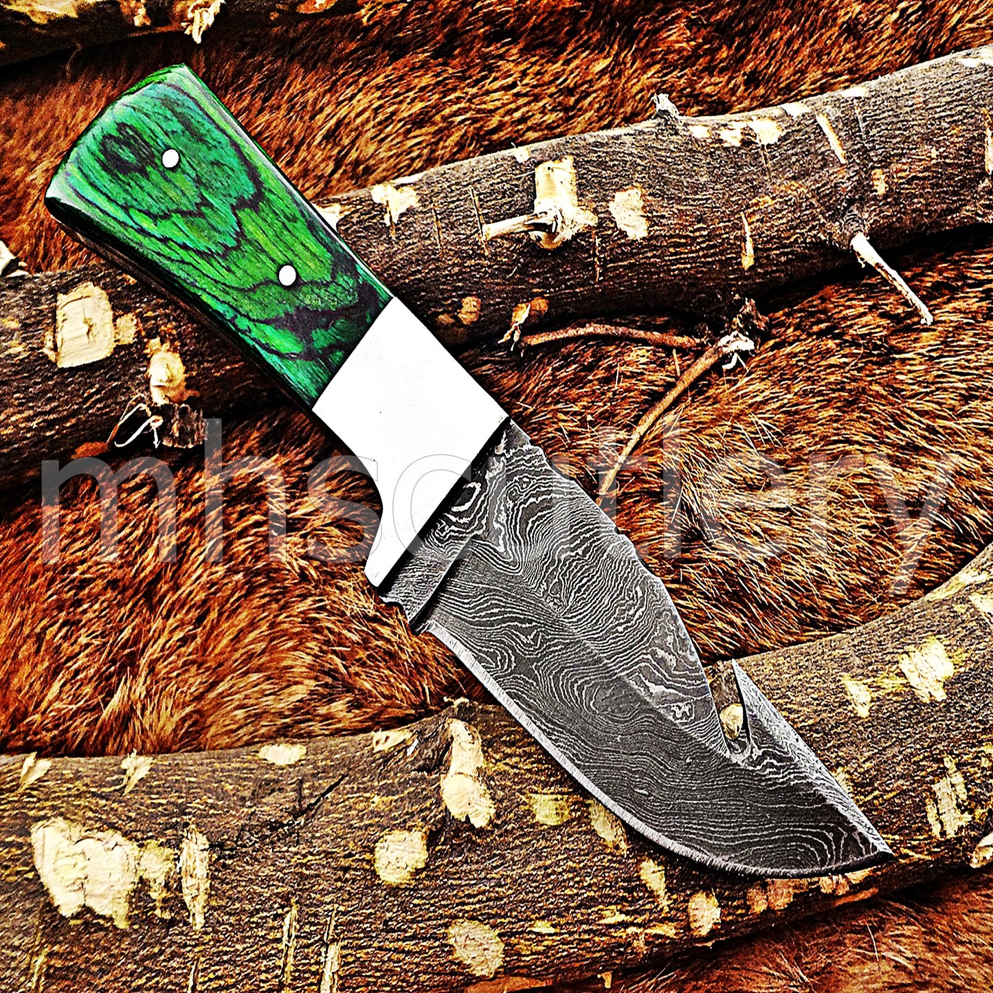 Hand Forged Damascus Steel Mini Gut Hook Skinner Hunting Knife | mhscutlery