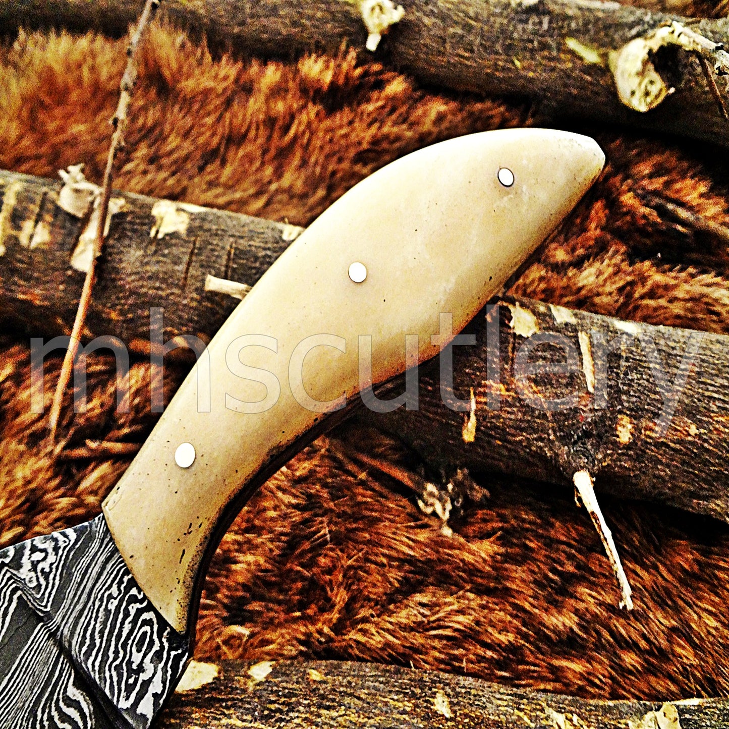 Custom Handmade Damascus Steel Skinner Knife / Bone Handle | mhscutlery