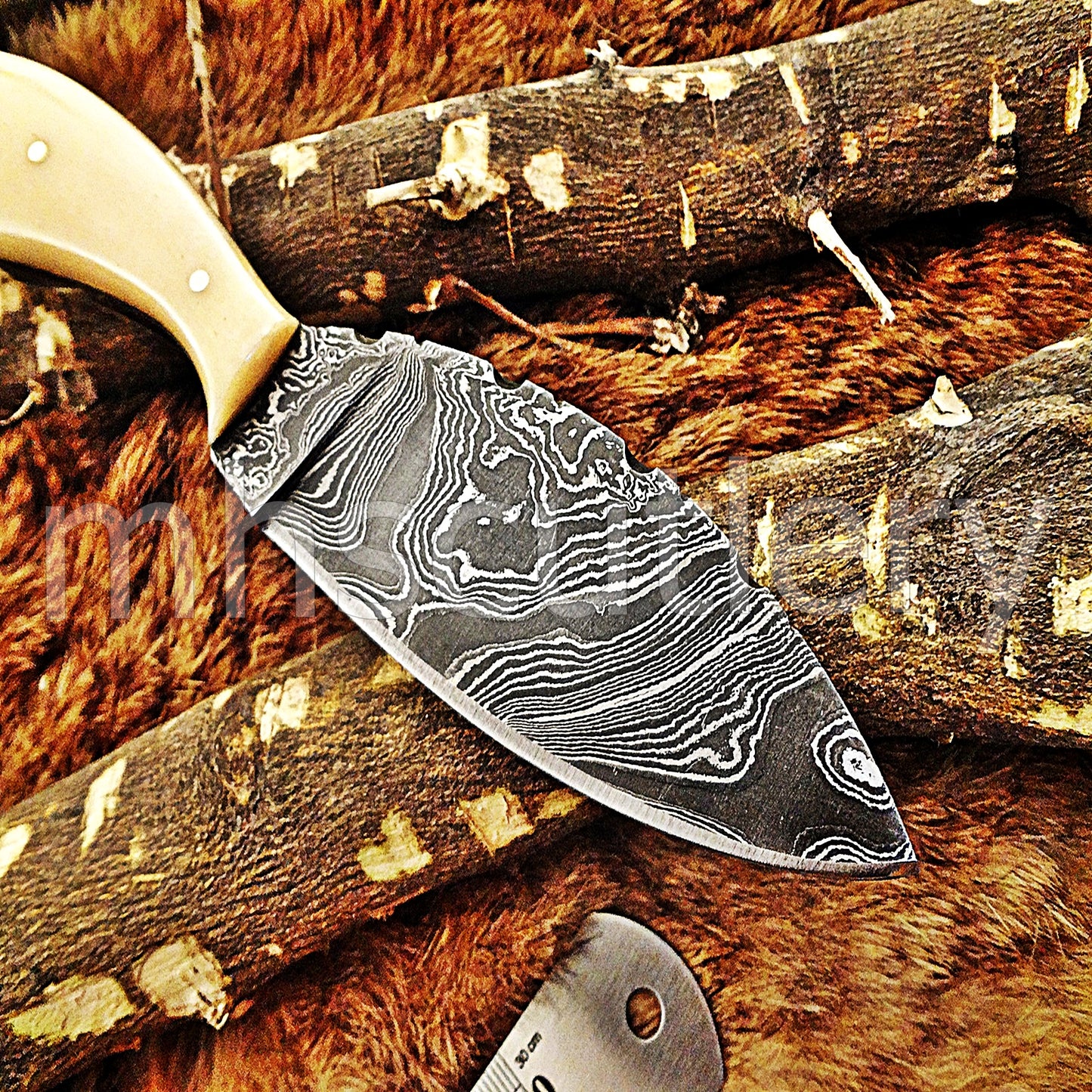 Custom Handmade Damascus Steel Skinner Knife / Bone Handle | mhscutlery