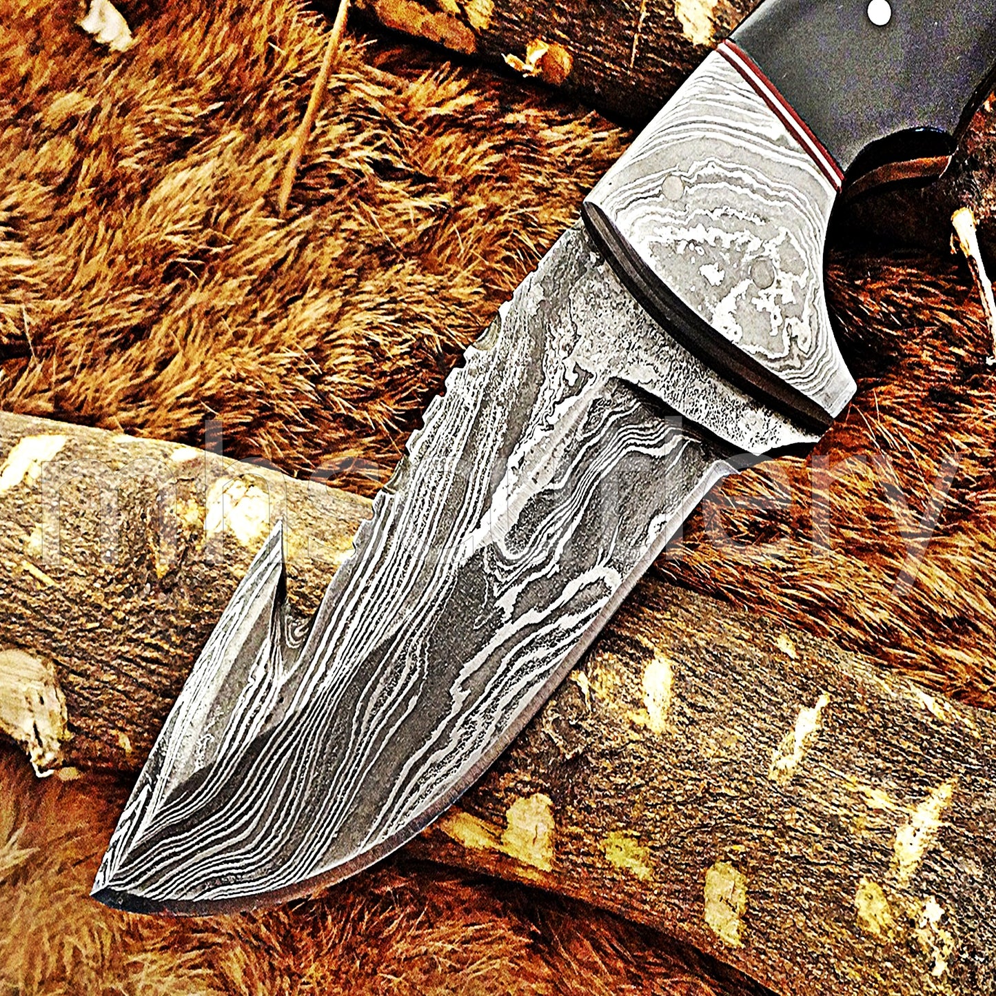 Damascus Steel Gut Hook Skinner Knife / Bull Horn Handle | mhscutlery