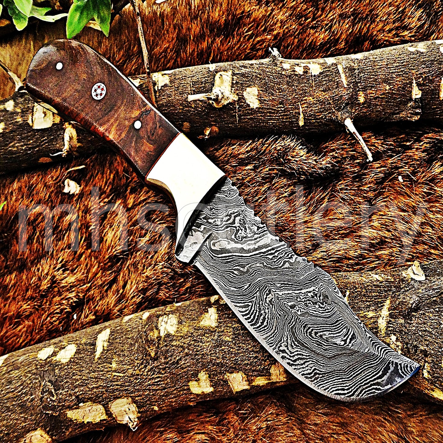 Custom Made Damascus Steel Rose Wood Hunter | mhscutlery