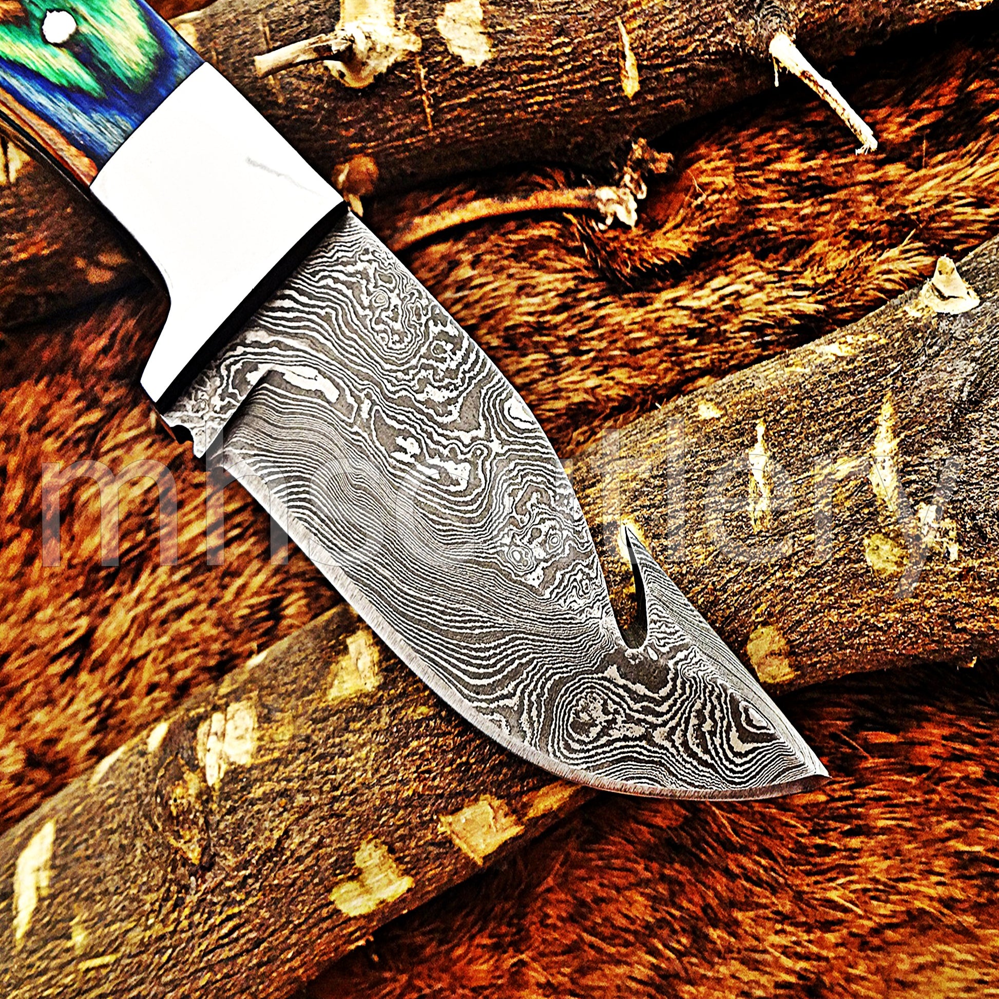 Damascus Steel Mini Gut Hook Skinning Knife | mhscutlery