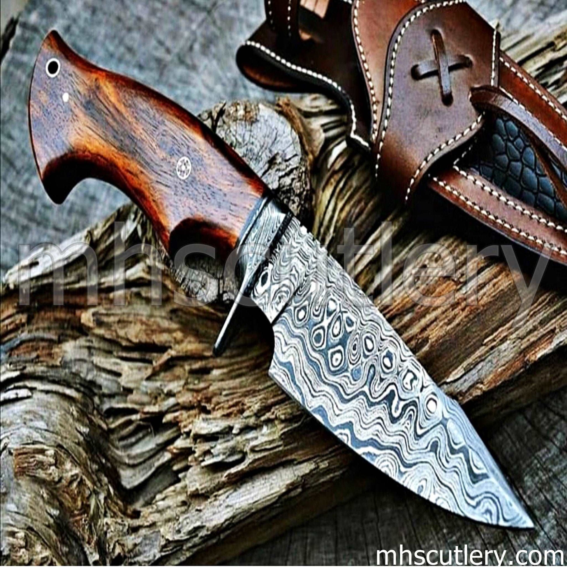 Custom Hand Forged Damascus Steel Bushcraft Hunting Knife | mhscutlery