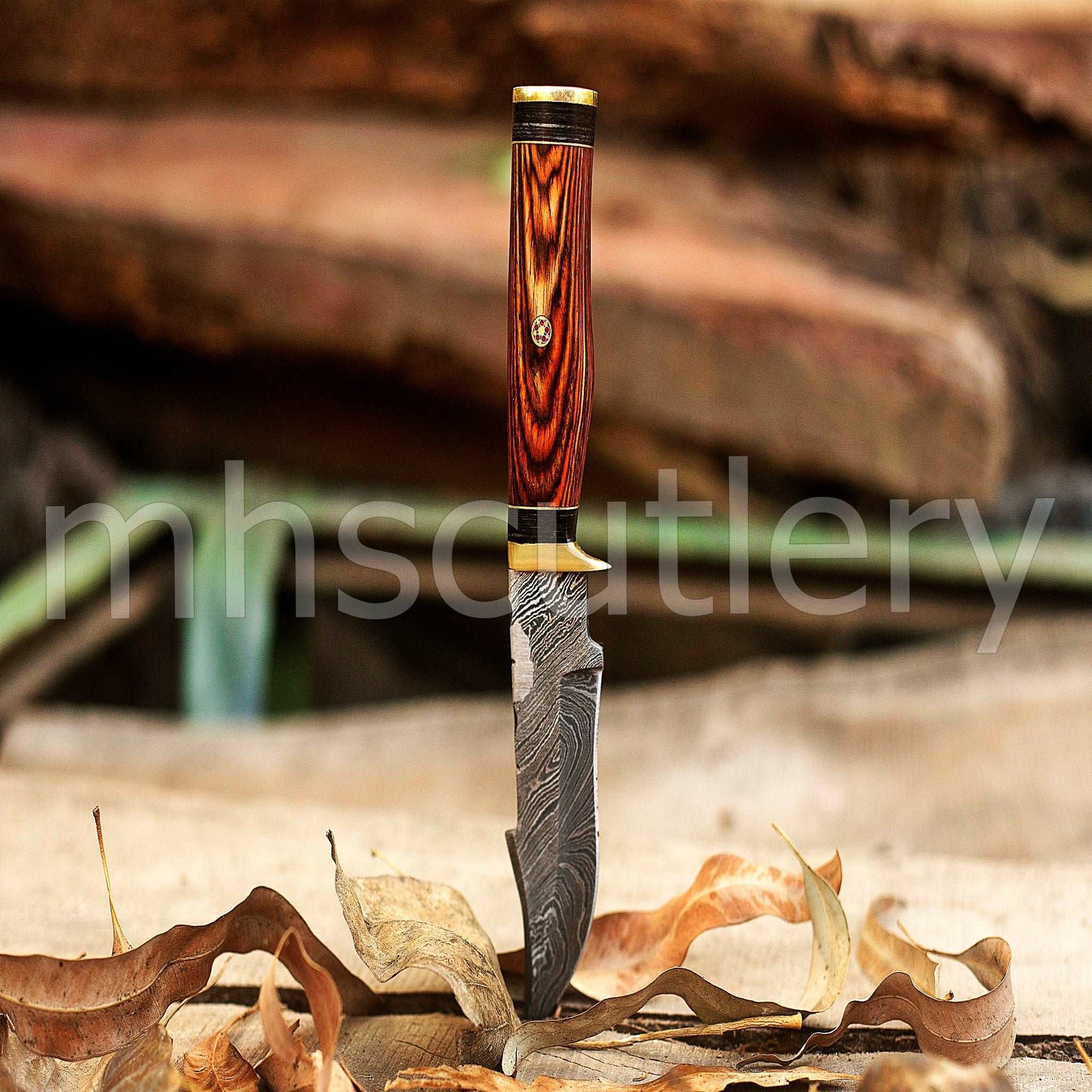 Custom Forged Damascus Steel Rat-Tail Skinner Knife With Pakka Wood Handle | mhscutlery