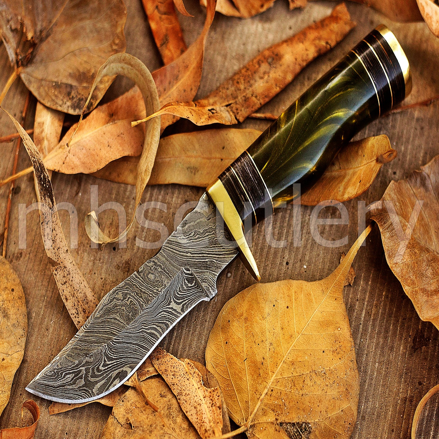 Hand Forged Damascus Steel Rat-Tail Skinning Knife With Resin Handle | mhscutlery