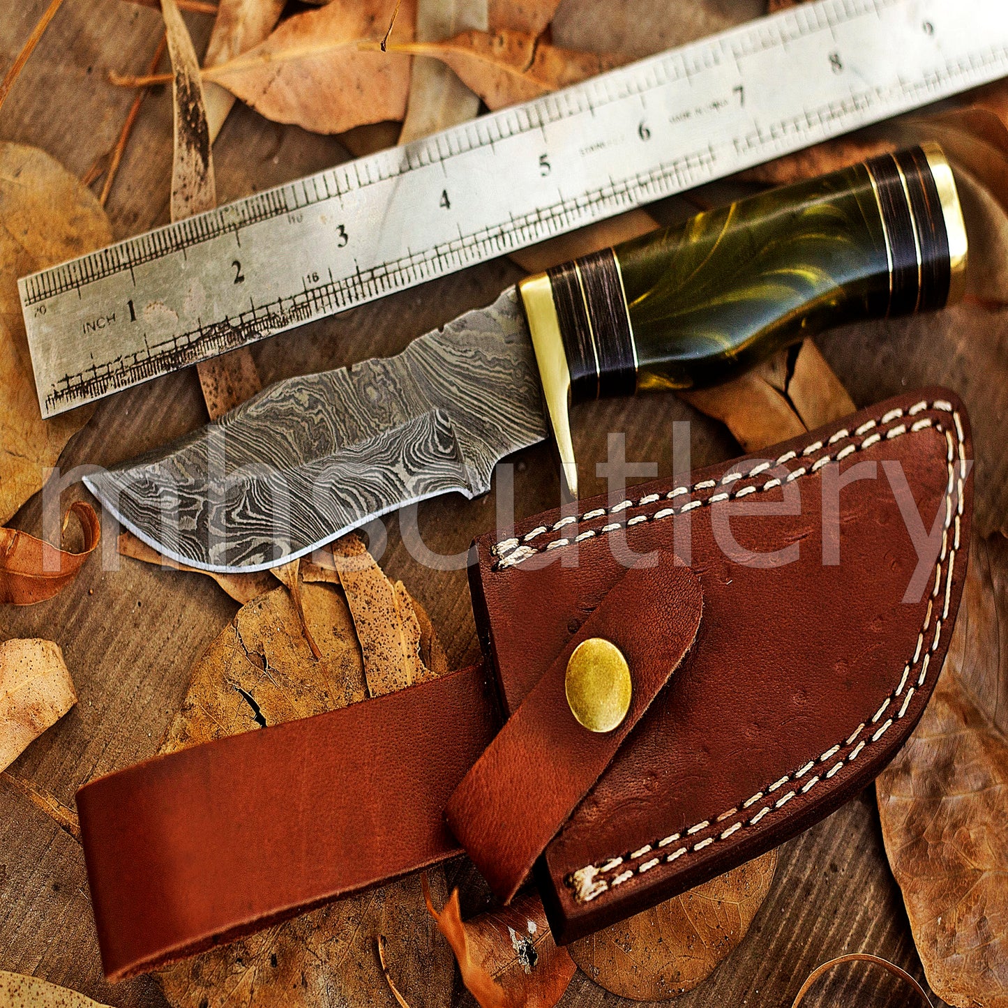 Hand Forged Damascus Steel Rat-Tail Skinning Knife With Resin Handle | mhscutlery