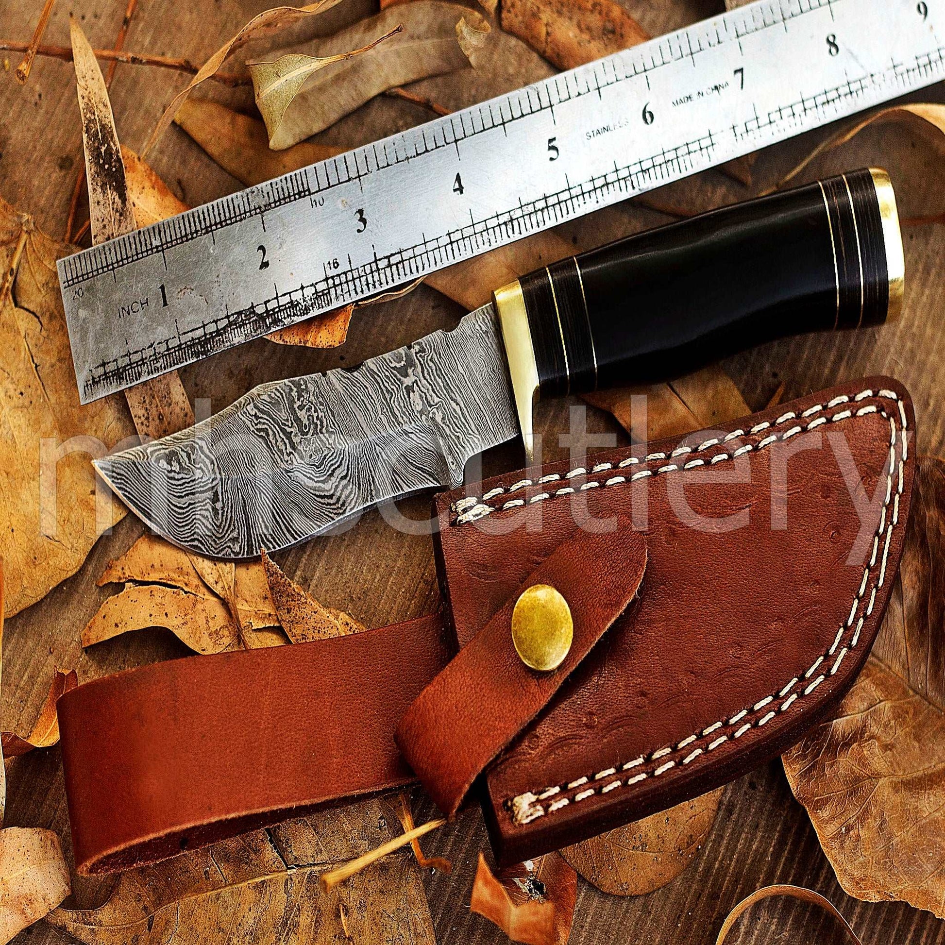 Custom Damascus Steel Hunting Skinner Round Handle Knife With Bull Horn Handle | mhscutlery