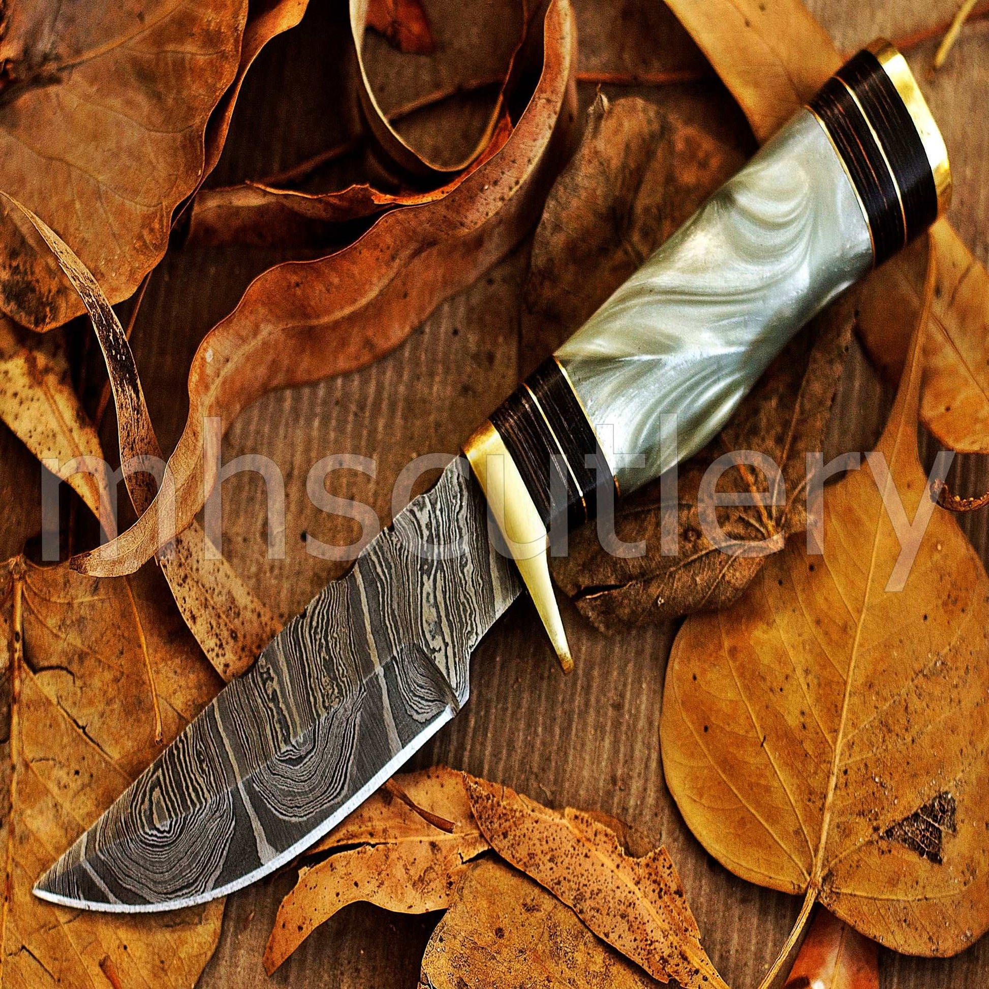 Custom Forged Damascus Steel Hunting Skinner Knife With Resin Handle | mhscutlery