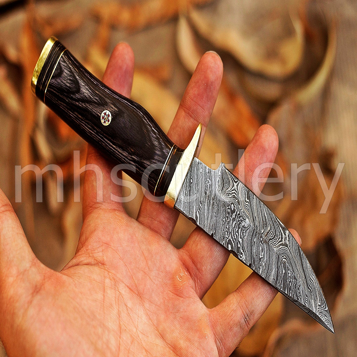 Custom Made Damascus Steel Hunter Skinning Rat-Tail Knife | mhscutlery