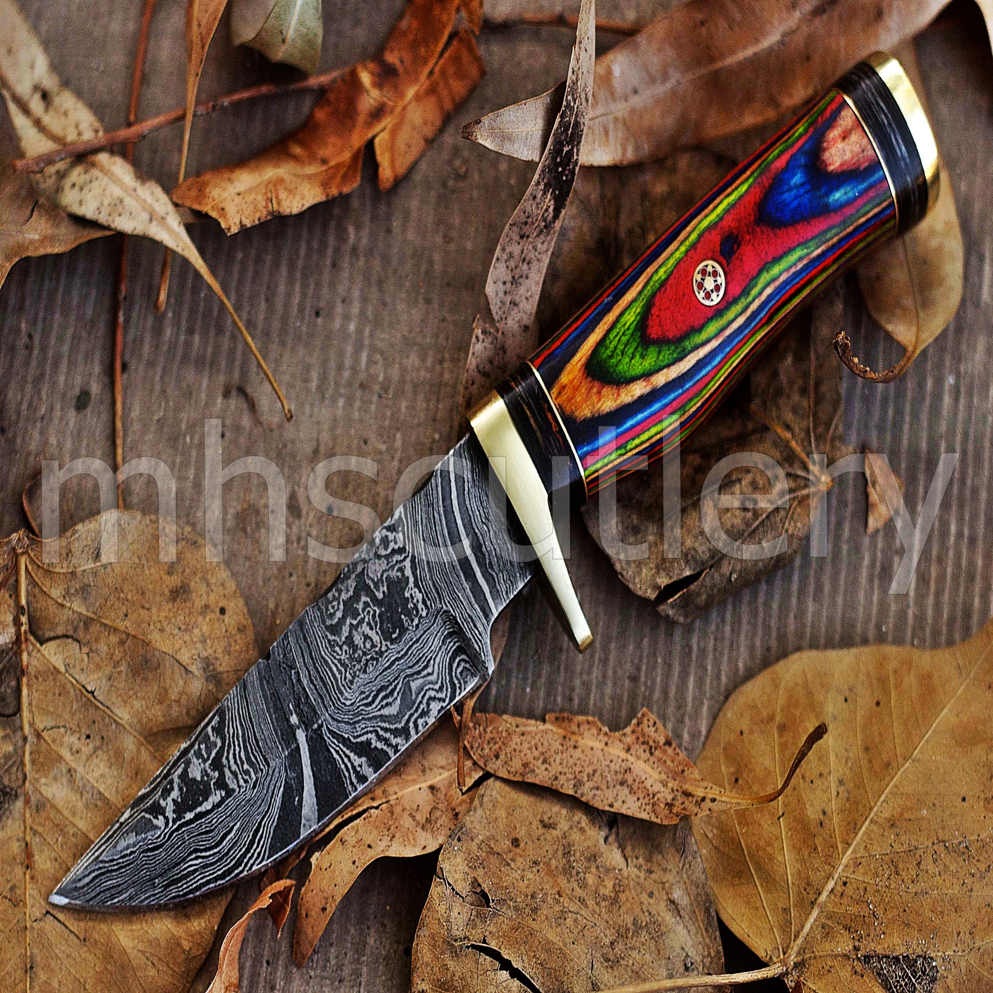 Custom Handmade Damascus Steel Skinner Knife With Rainbow Handle | mhscutlery